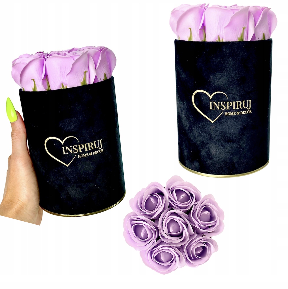 FLOWERBOX Z KWIATAMI MYDLANYMI PREZENT KWIATY RÓŻE MYDLANE WELUROWE PUDEŁKO
