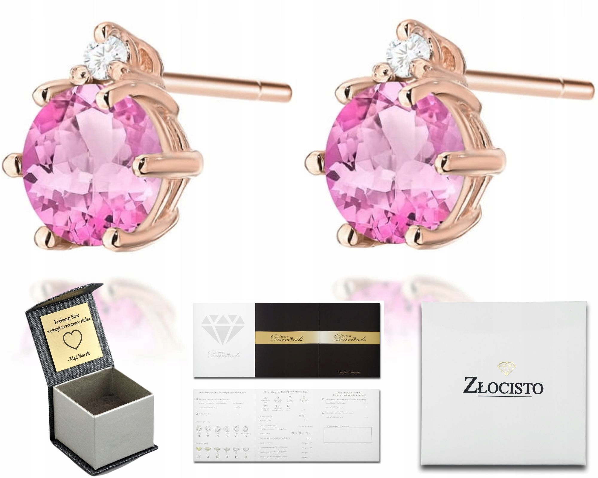Kolczyki Próba 585 Kamień Naturalny Różowy Topaz Różowe Złoto