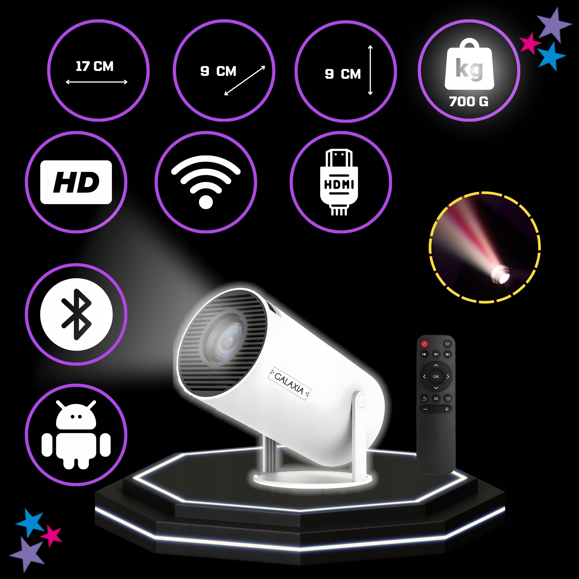 PROJEKTOR RZUTNIK MINI PRZENOŚNY ANDROID LED HY300 WIFI FULL HD SMART TV Marka GALAXIA