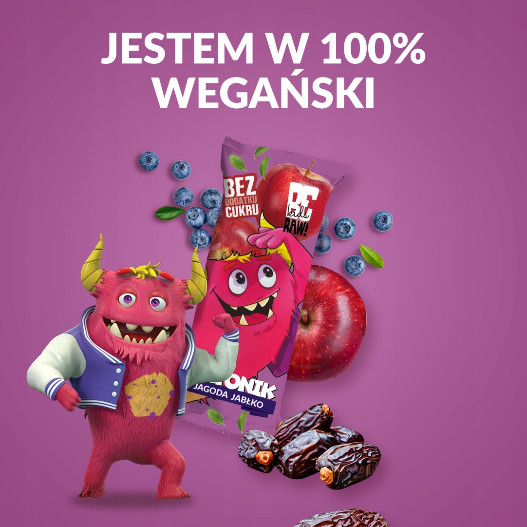 BeRAW! KIDS Batonik jagodowo-jabłkowy - owocowy bez cukru dla dzieci 25g Stan opakowania oryginalne
