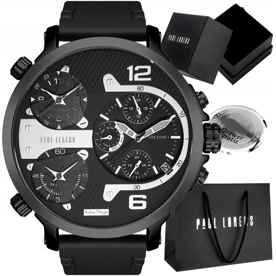 Velké pánské hodinky Paul Lorens Tezert multidatum časová pásma Gravírování