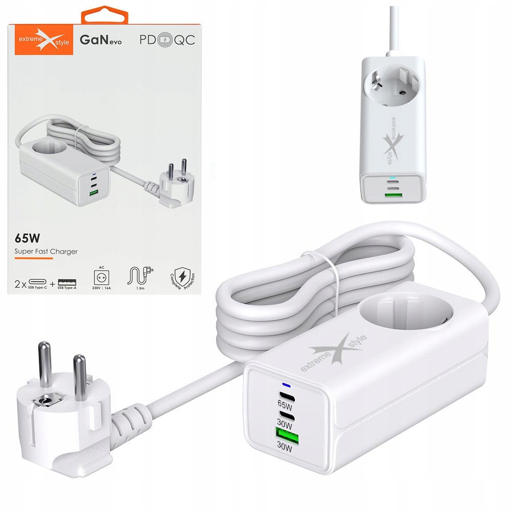 Prodlužovací kabel Schuko Nabíječka Napájecí adaptér 65W Zásuvka Kostka Ac 2x Usb-c Usb-a