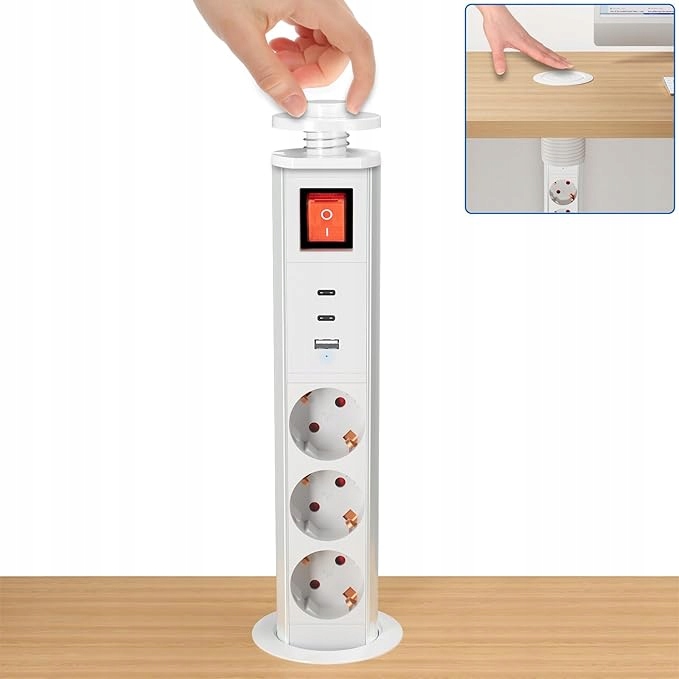 Stolová zásuvka sklopná, 3-násobná, s přepínačem, bílá, stolní