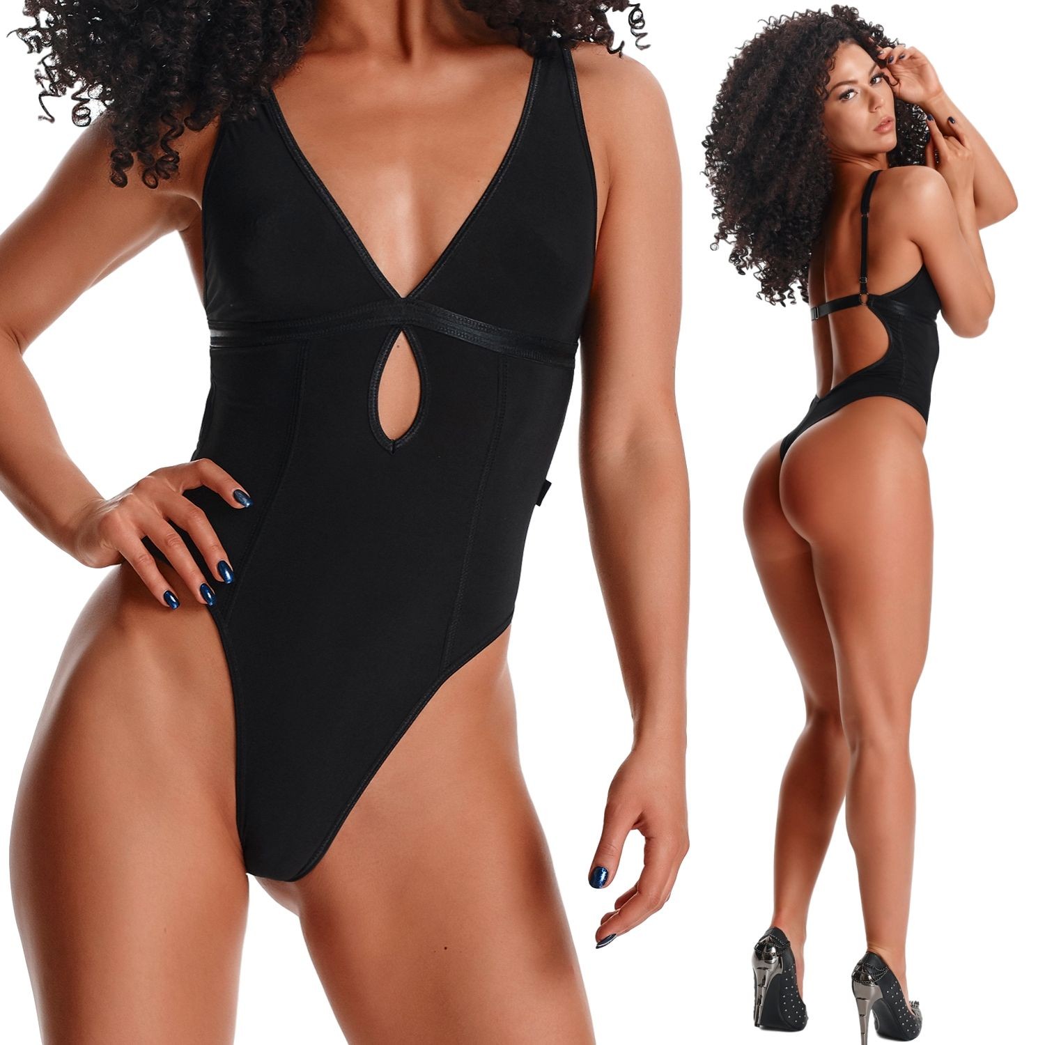 Černé body s odhalenými zády XL a kovovými prvky Demoniq