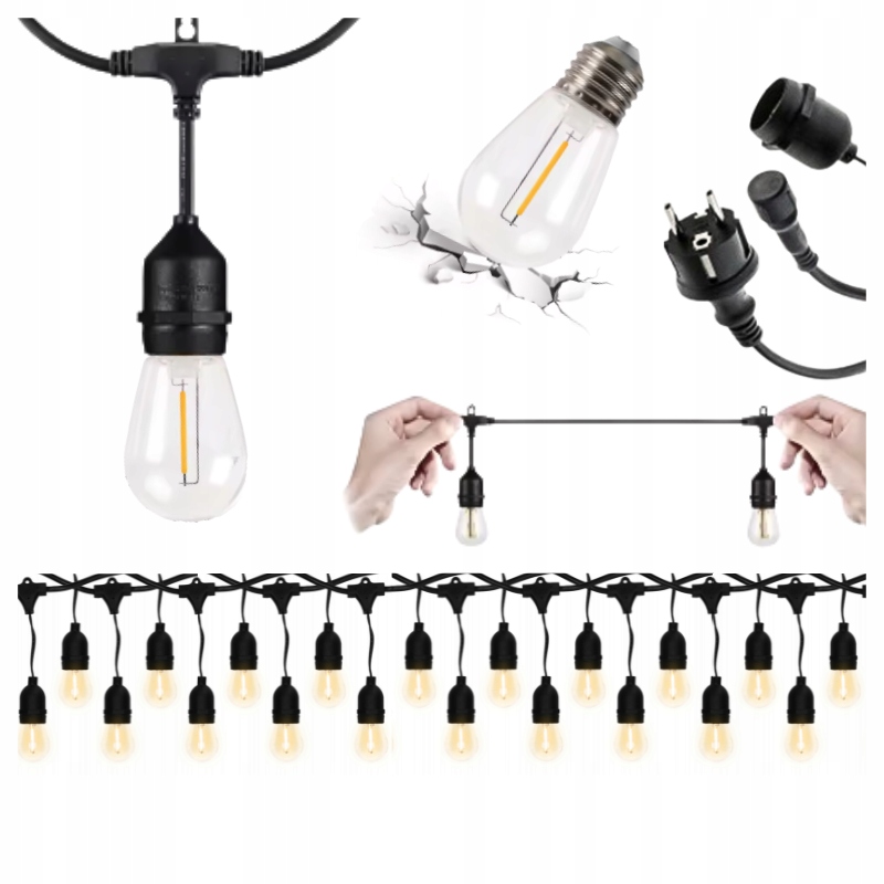 2x Zahradní girlanda 20 m Světelná Led Teplá Barva Zahradní lampy E27 40 m