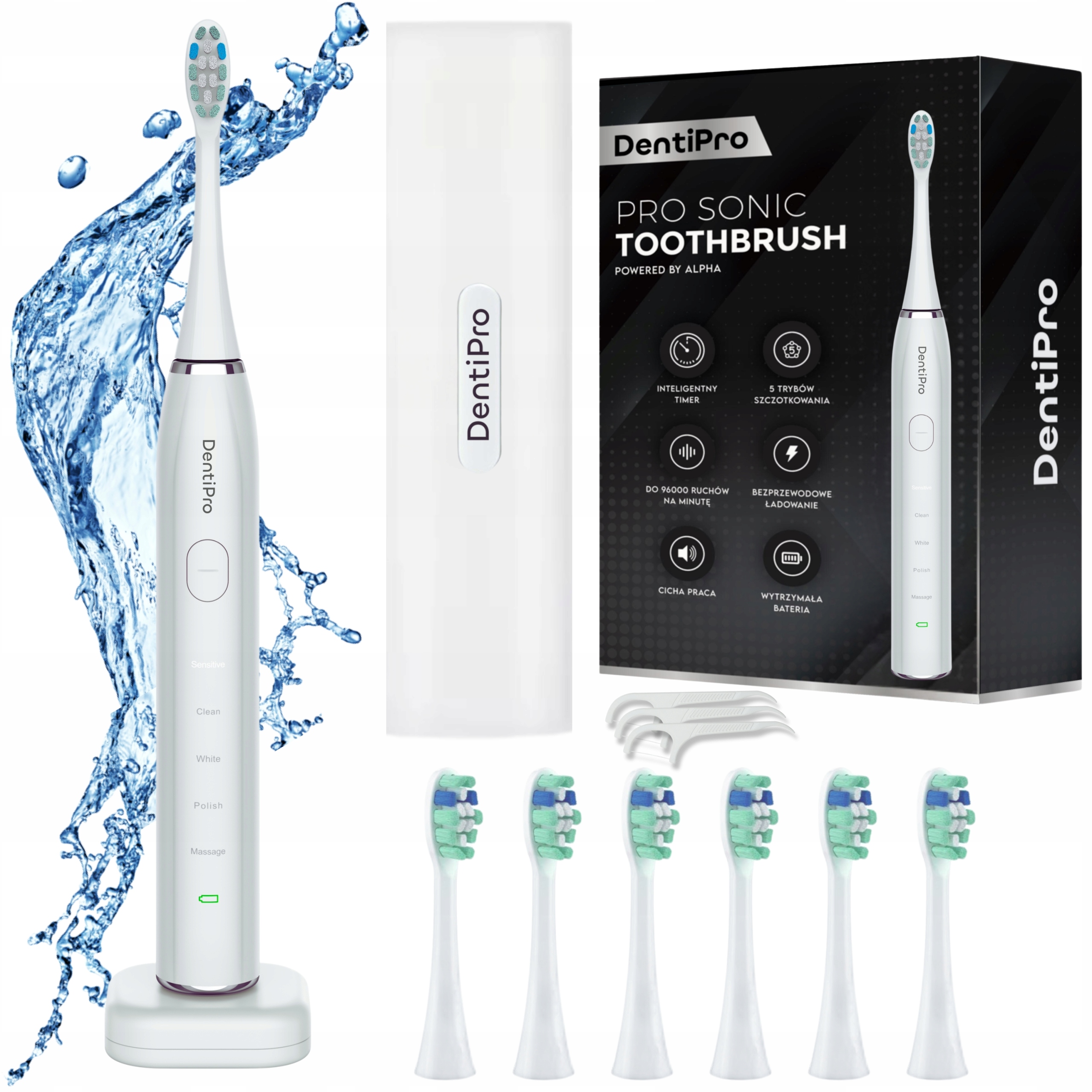 Szczoteczka Soniczna Do Zębów Zestaw Etui 6 końcówek Indukcja Elektryczna