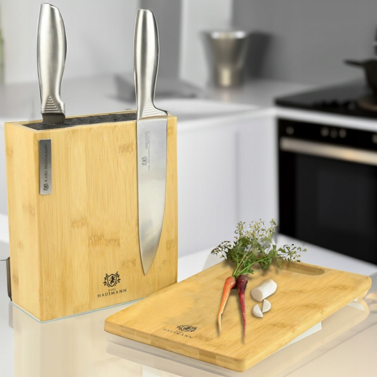 KOMPLET BLOK NA NOŻE UNIWERSALNY STOJAK MAGNETYCZNY Z DESKĄ BAMBUSOWĄ Marka Karl Hausmann