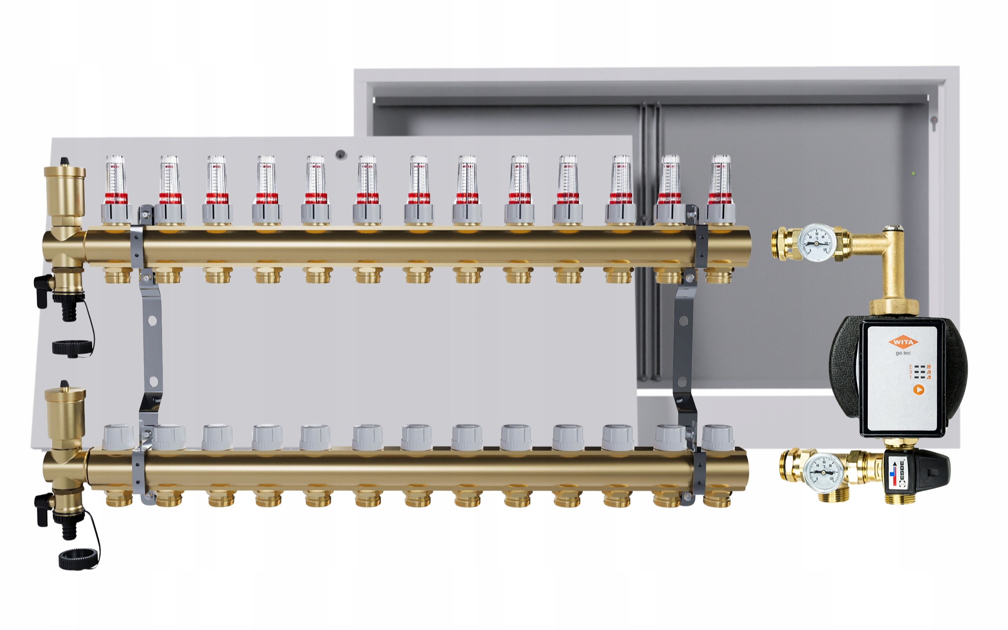 Rozdělovač pro podlahu 13 okruhů s čerpací skupinou Wita nástěnná skříňka
