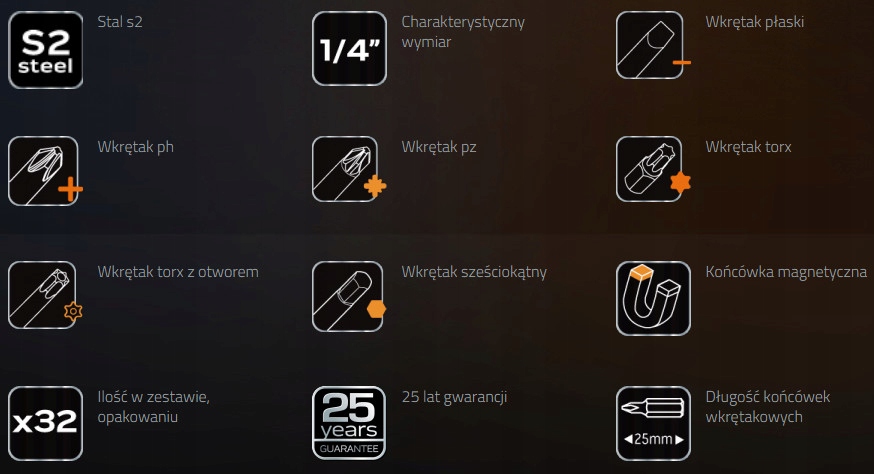 NEO ZESTAW KOŃCÓWKI WKRĘTAKOWE 32 SZT KOMPLET 06-106 GRZECHOTKA 1/4" TORX Liczba elementów zestawy