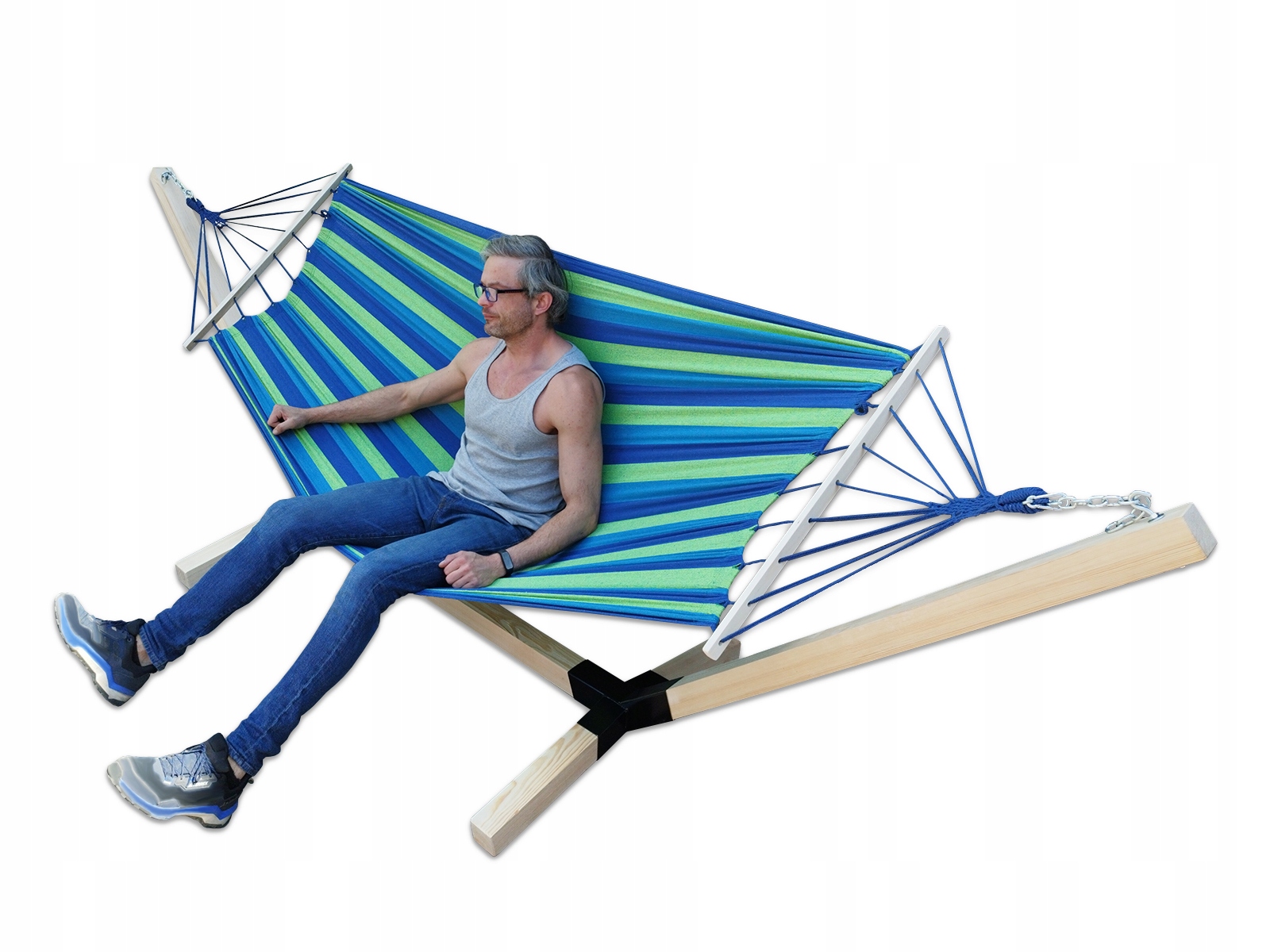 

XXL Zestaw Stelaż Drewniany 300 Kg Hamak 220x150