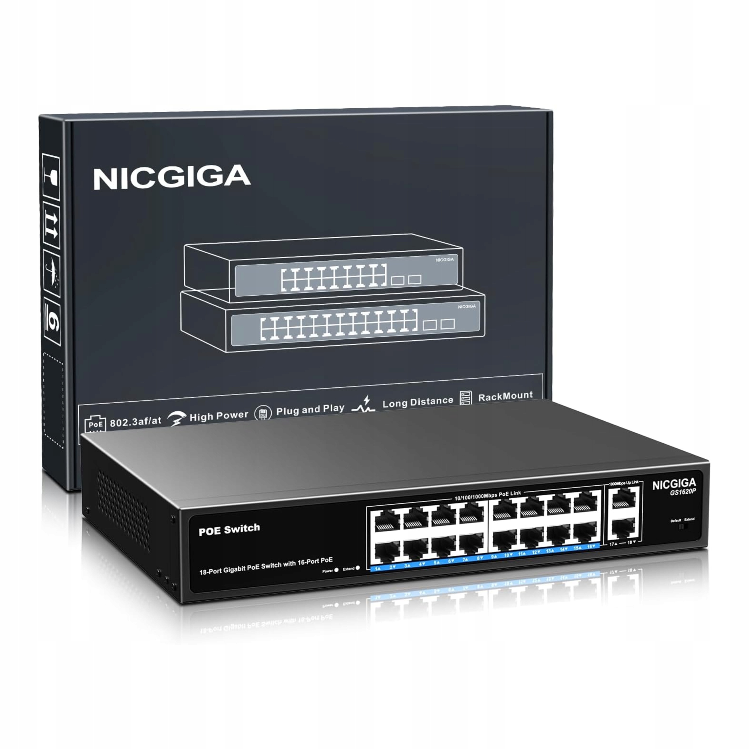 Gigabitový sieťový prepínač PoE 16x PoE+ 250W 2x uplink Vlan 19 palcov