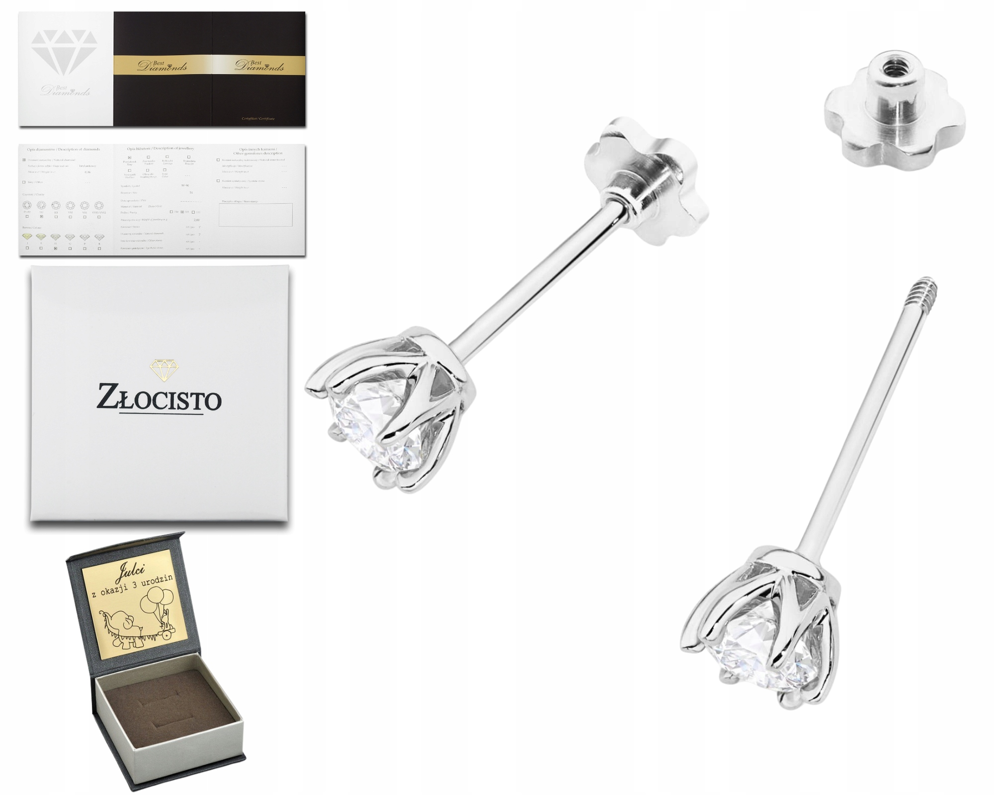 Náušnice Z Bílého Zlata 585, Brilianty, Laboratoriálské Diamanty, Šroubovací Pízedek, Dárek