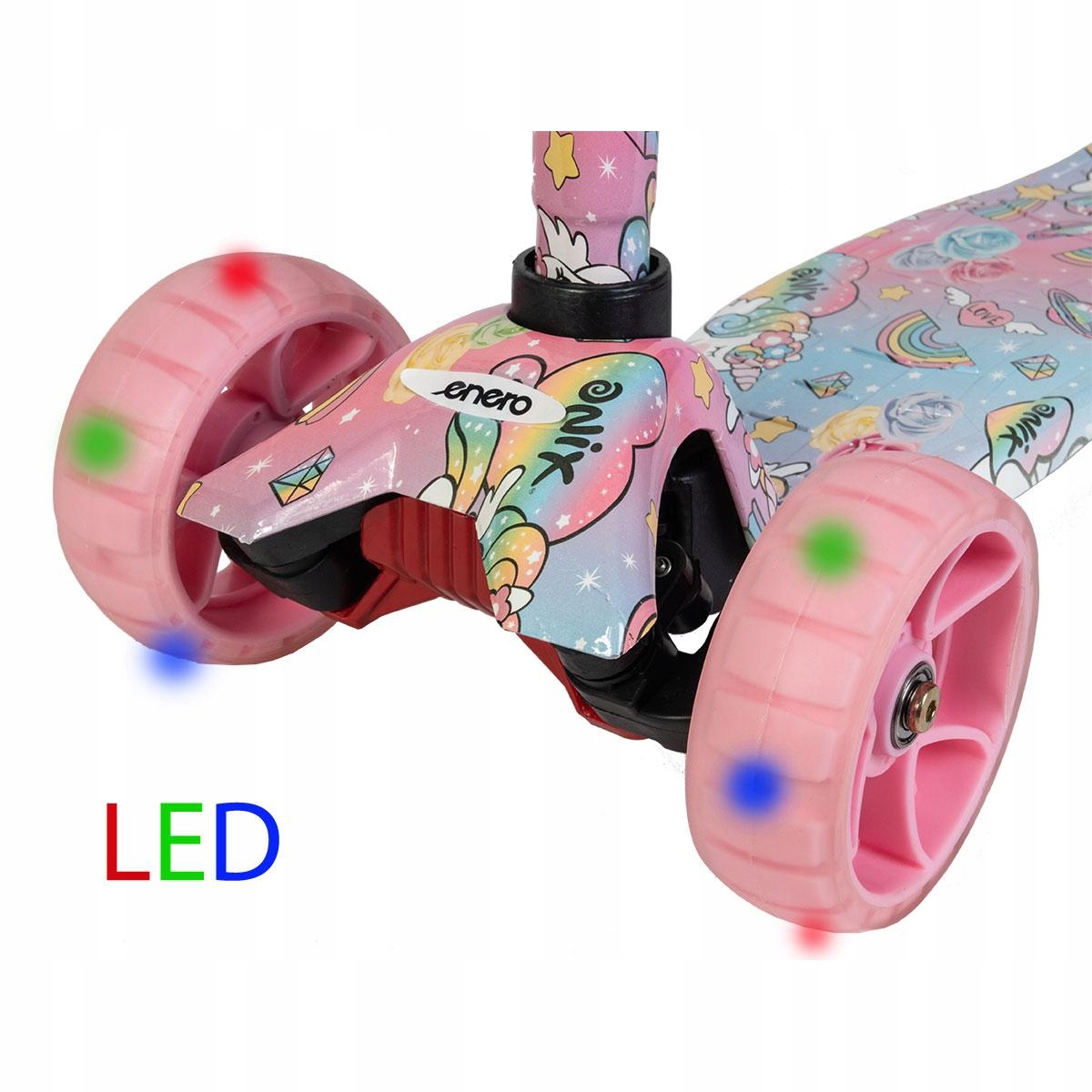 HULAJNOGA 3 KOŁOWA BALANSOWA ENERO MAXI UNICORN ŚWIECACE KOŁA LED Kolor Biały Różowy Wielokolorowy