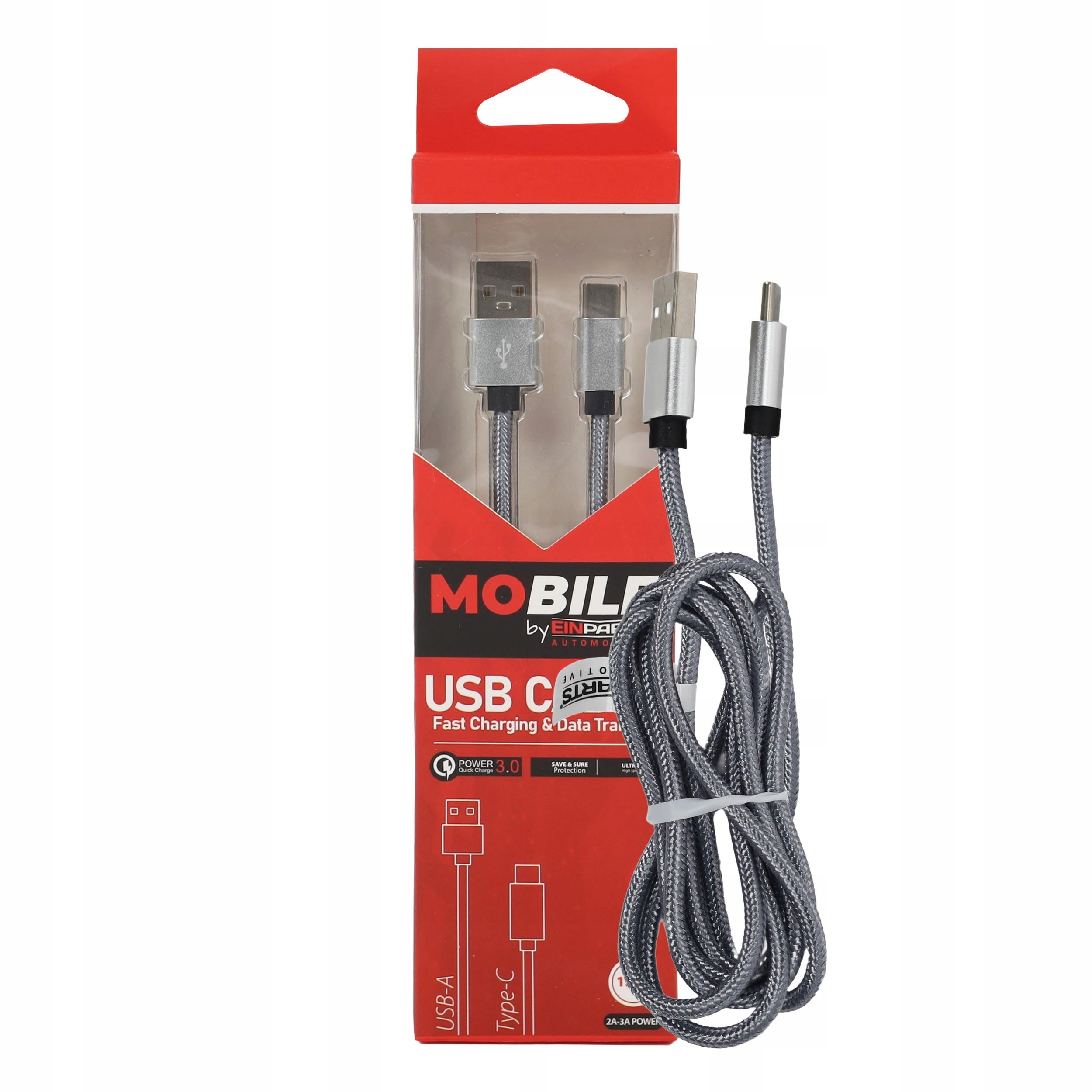 Kabel Usb-a Usb-c 1,2m 3A Qc 3.0 nylonowy srebrny EPMOB03