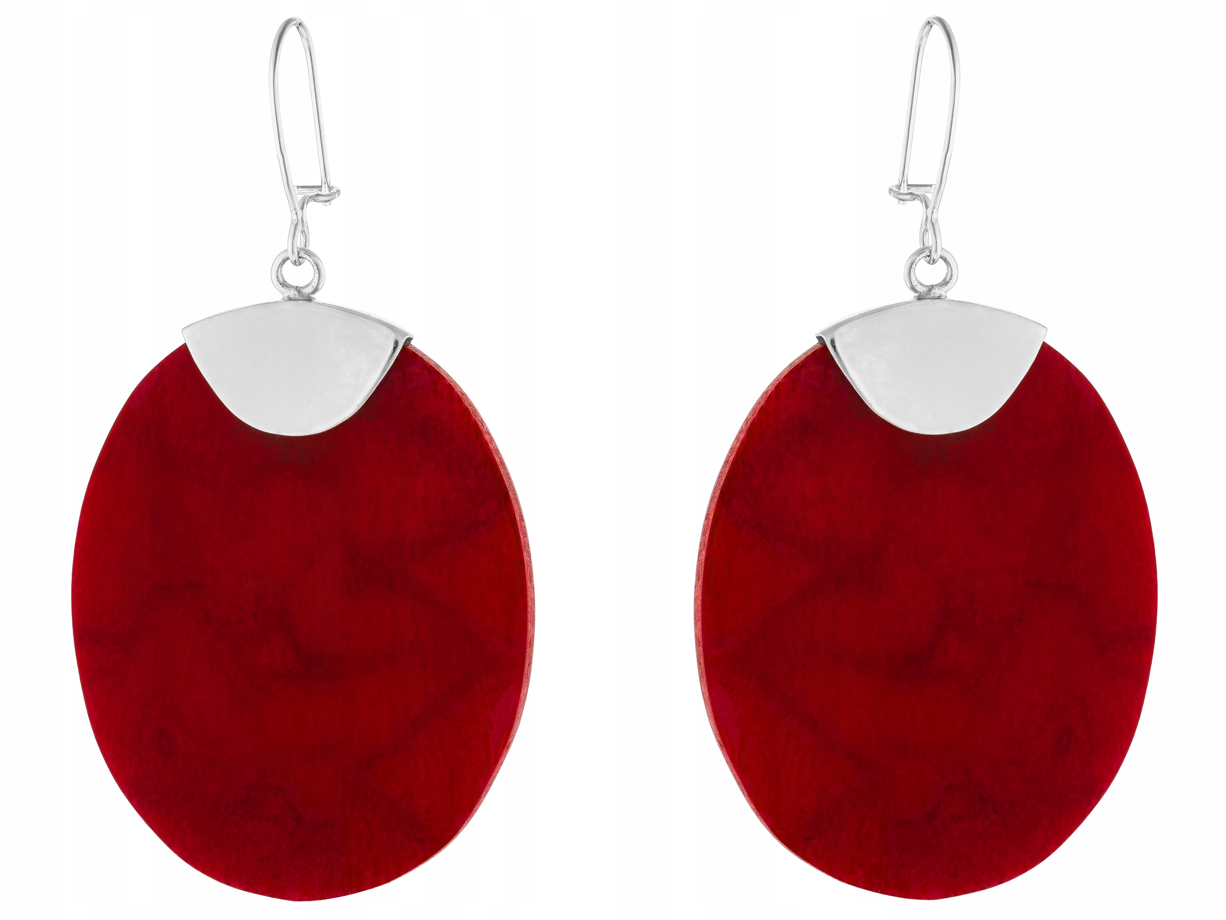 Stříbrné Náušnice Závěsné Velké Červené Ovály s Korálem Tužka Stříbro 925