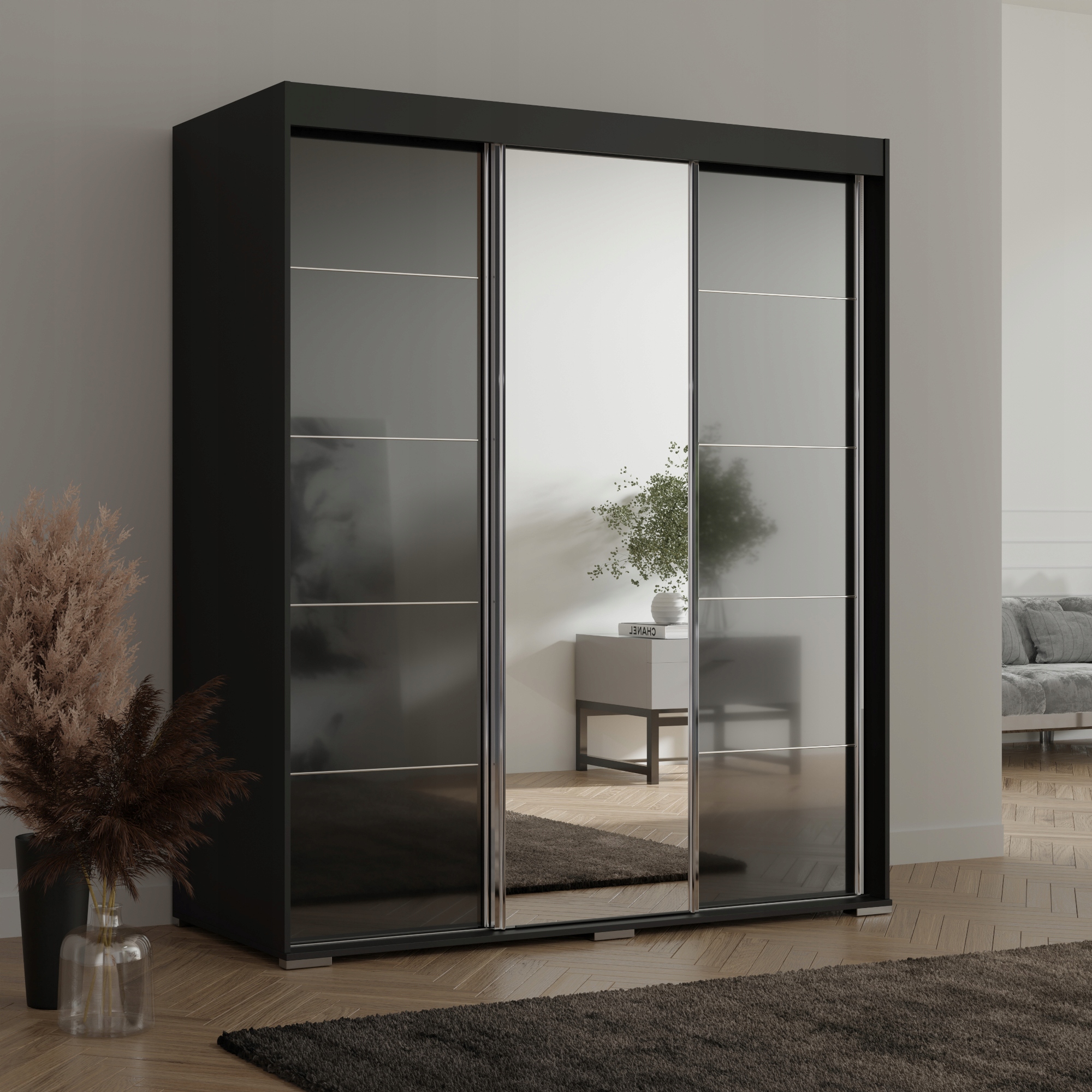 Szafa przesuwna z lustrem Como 3D1L 180 Czarna (lacobel)