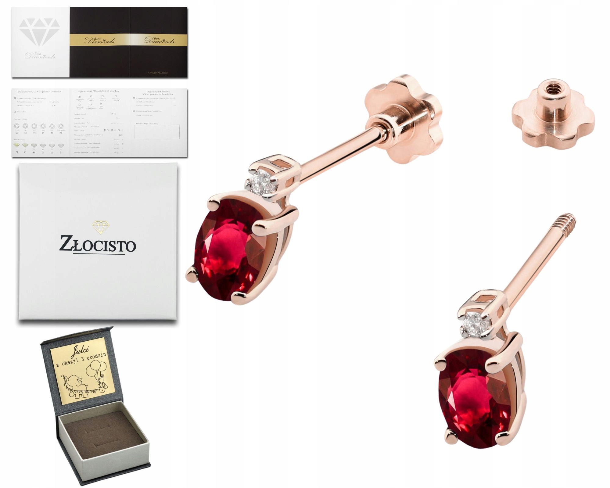 Růžové Zlato Náušnice S Rubíny A Diamanty Šroubovací Tyčinky Zlato 585