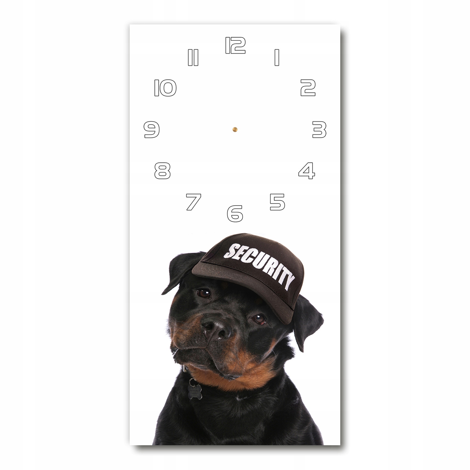

Zegar ze szkła na ścianę Rottweiler w czapce 30x60