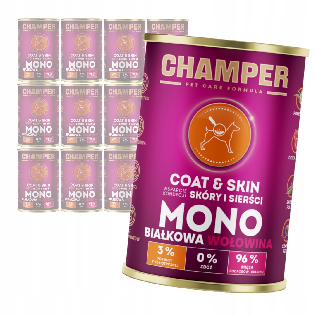 Levně Champer Coat & Skin 12x400 g Monoproteinové Vlhké Krmivo pro psy s hovězím masem