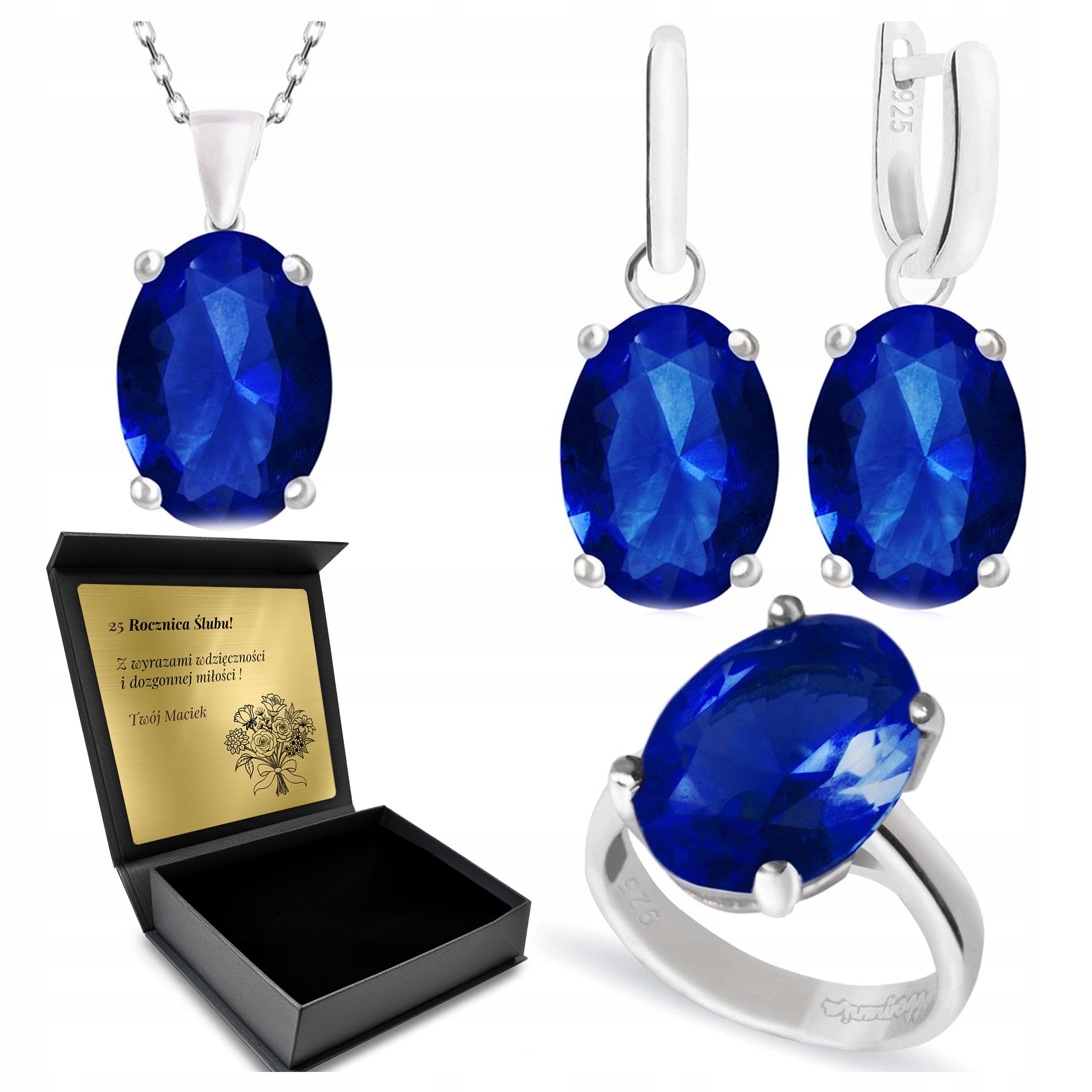 Sada Stříbrných Šperků 925 Se Safírem Sada Pro Ženu Gravírování