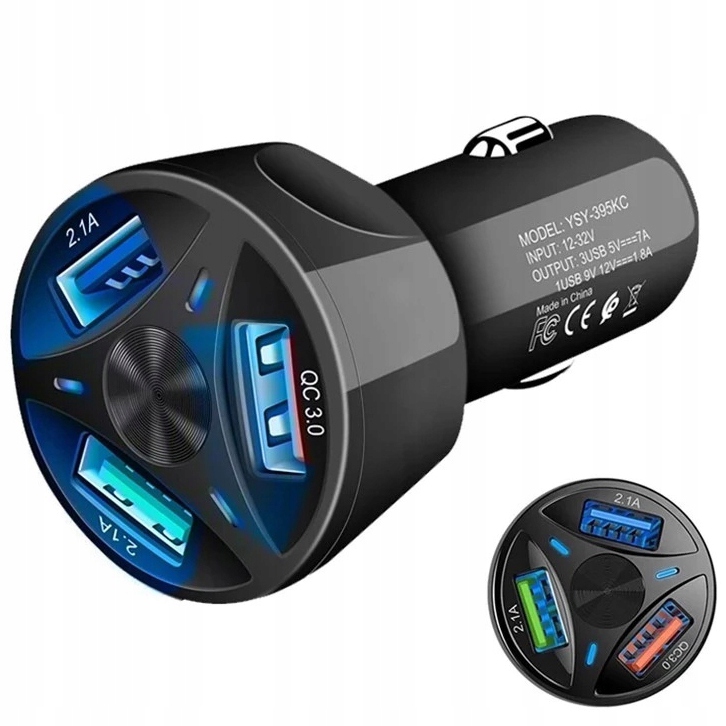 

Ładowarka samochodowa Quick Charge 3 porty Usb Led