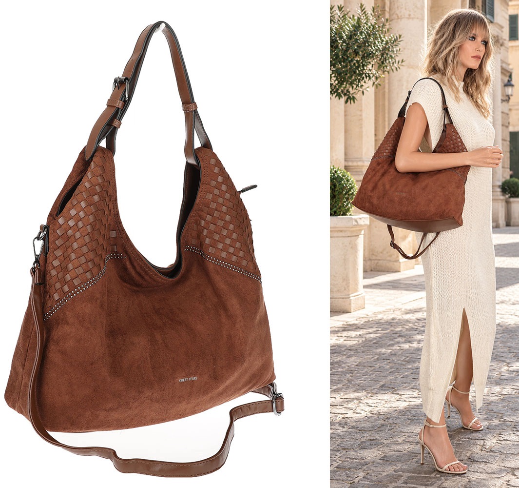 Dámská shopper kabelka, prostorná semišová taška přes rameno, lehká BS105 Hnědá