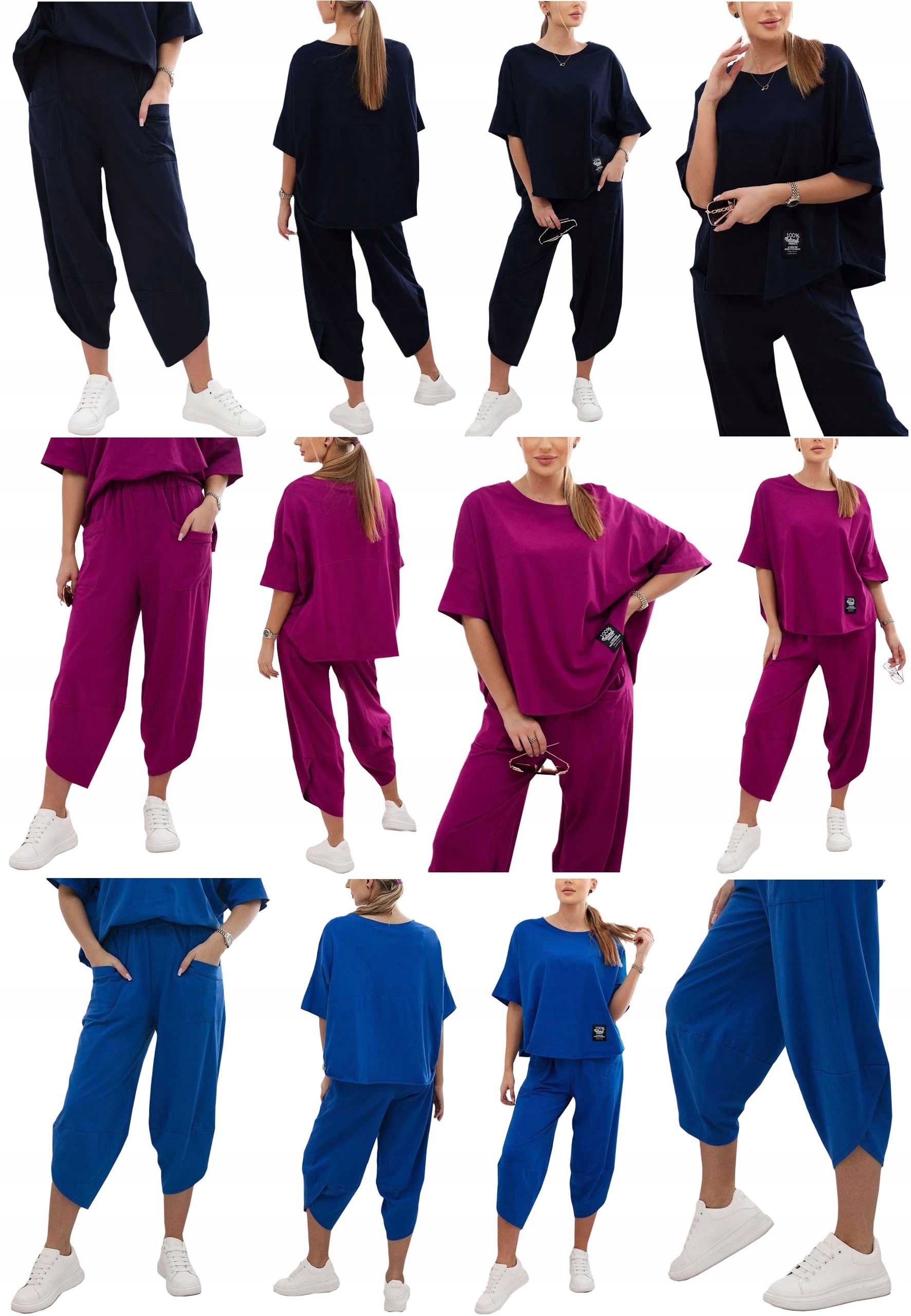 WŁOSKI ELEGANCKI KOMPLET BAWEŁNIANY BLUZKA SPODNIE DRESOWY OVERSIZE L Rękaw krótki rękaw