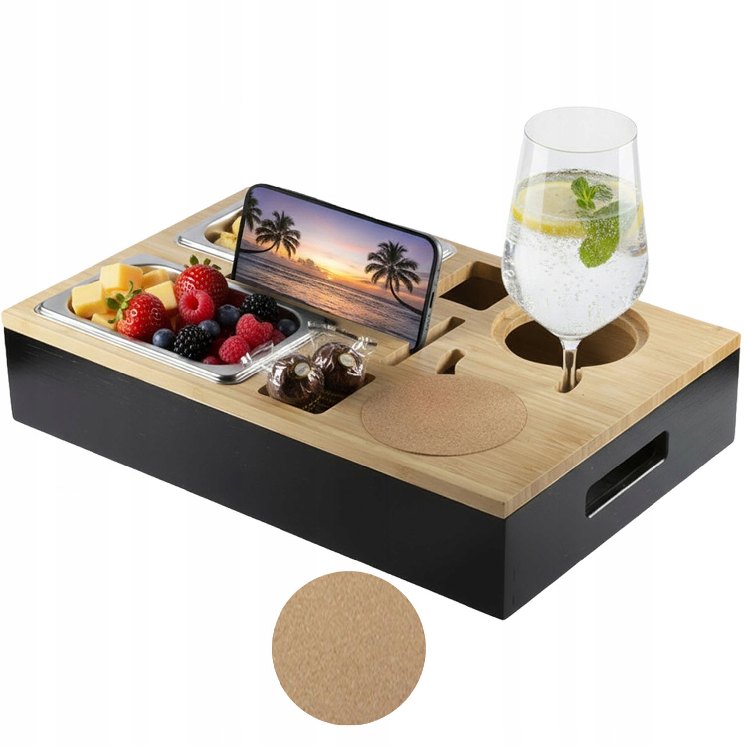 Bambusový podnos na pohovku Bedee Organizér na svačinu na gauč s podstavcem