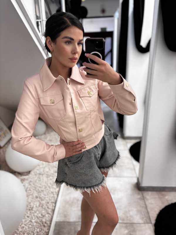 Dámská bunda Ramoneska Ekokůže Zlaté doplňky Pudrová Růžová S/36