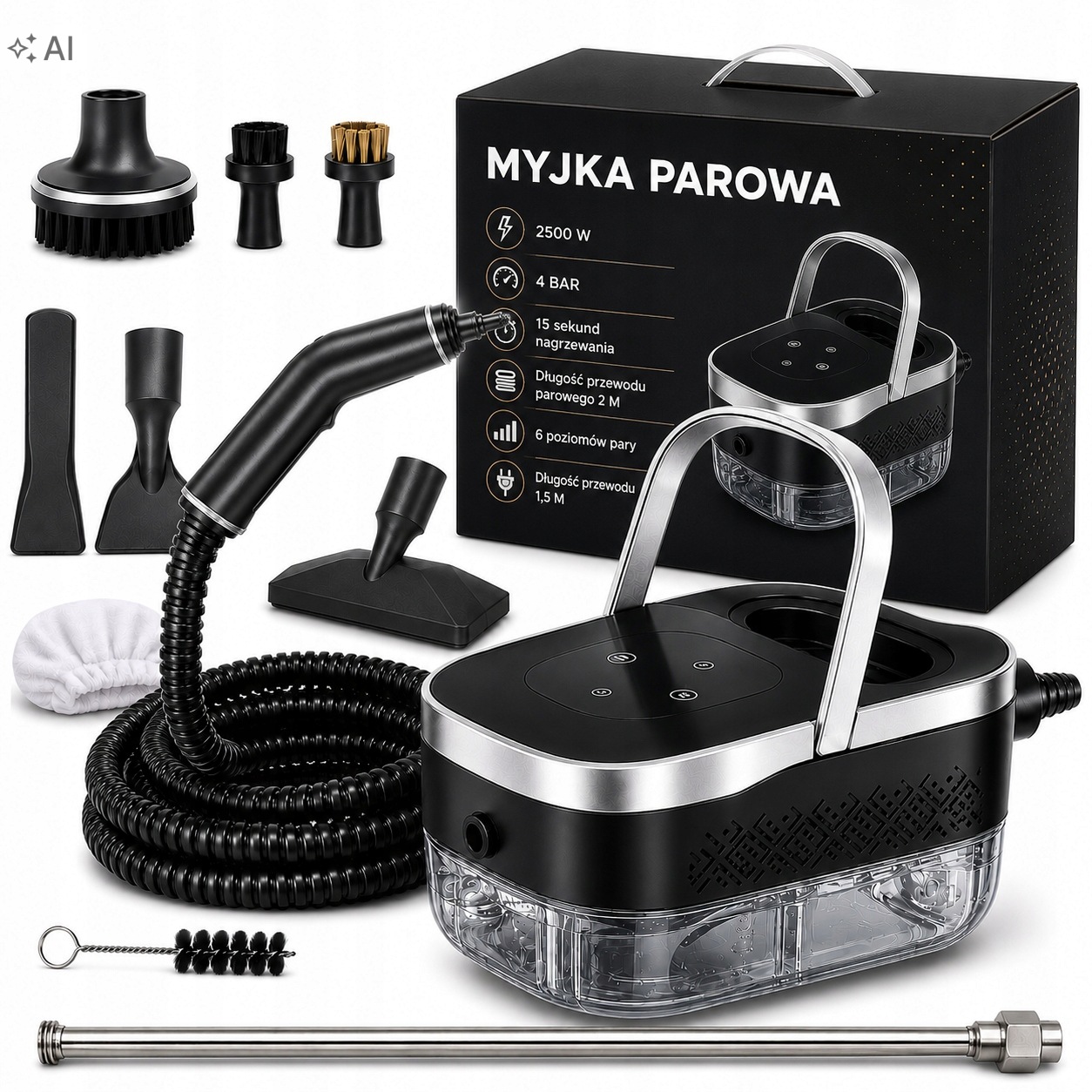 Univerzální parní čistič do koupelny 2500 W 4 bar s regulací páry, černý
