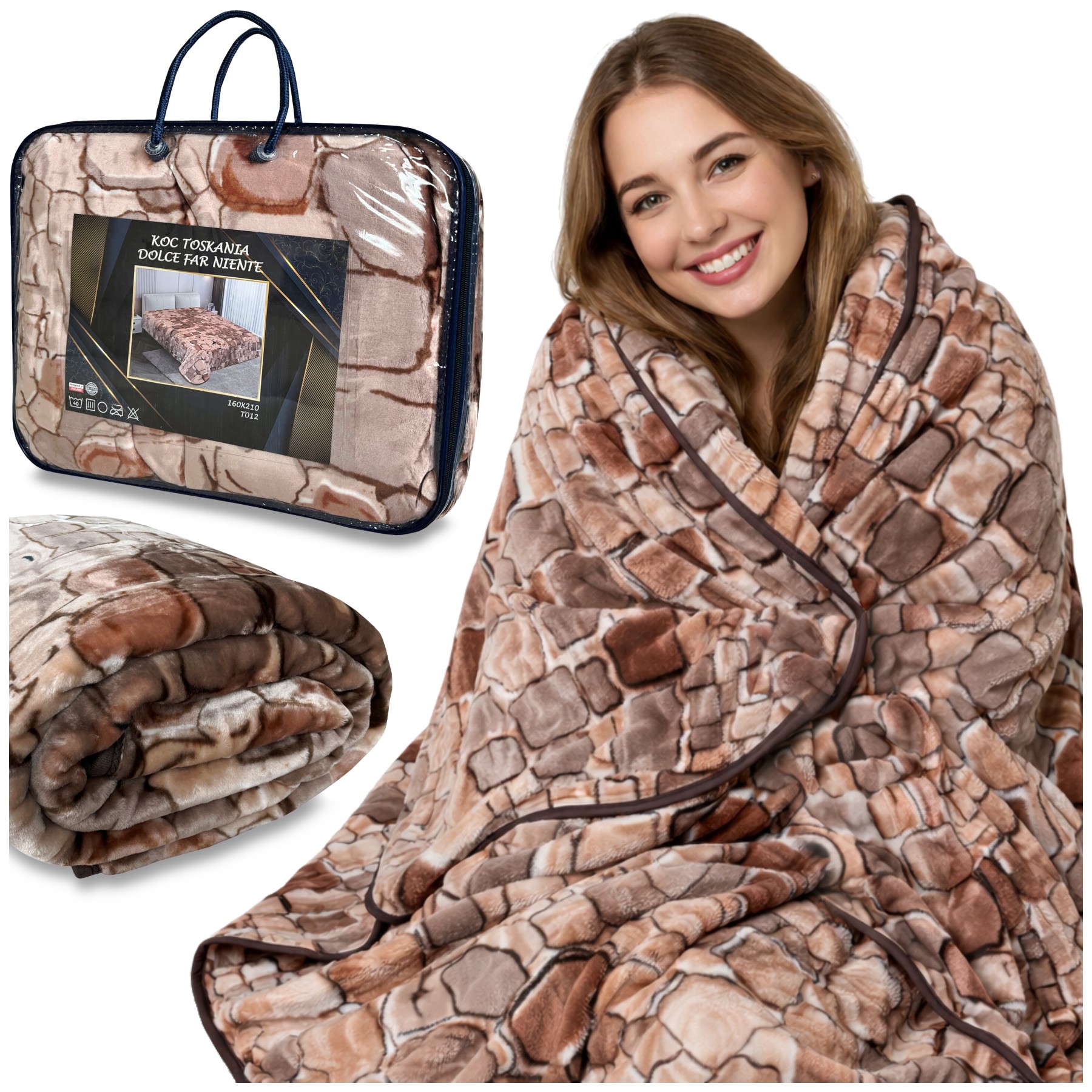 Koc Akrylowy 160x210 Toskania Brązowe Kamienie Beżowy Ciepły Miękki Narzuta