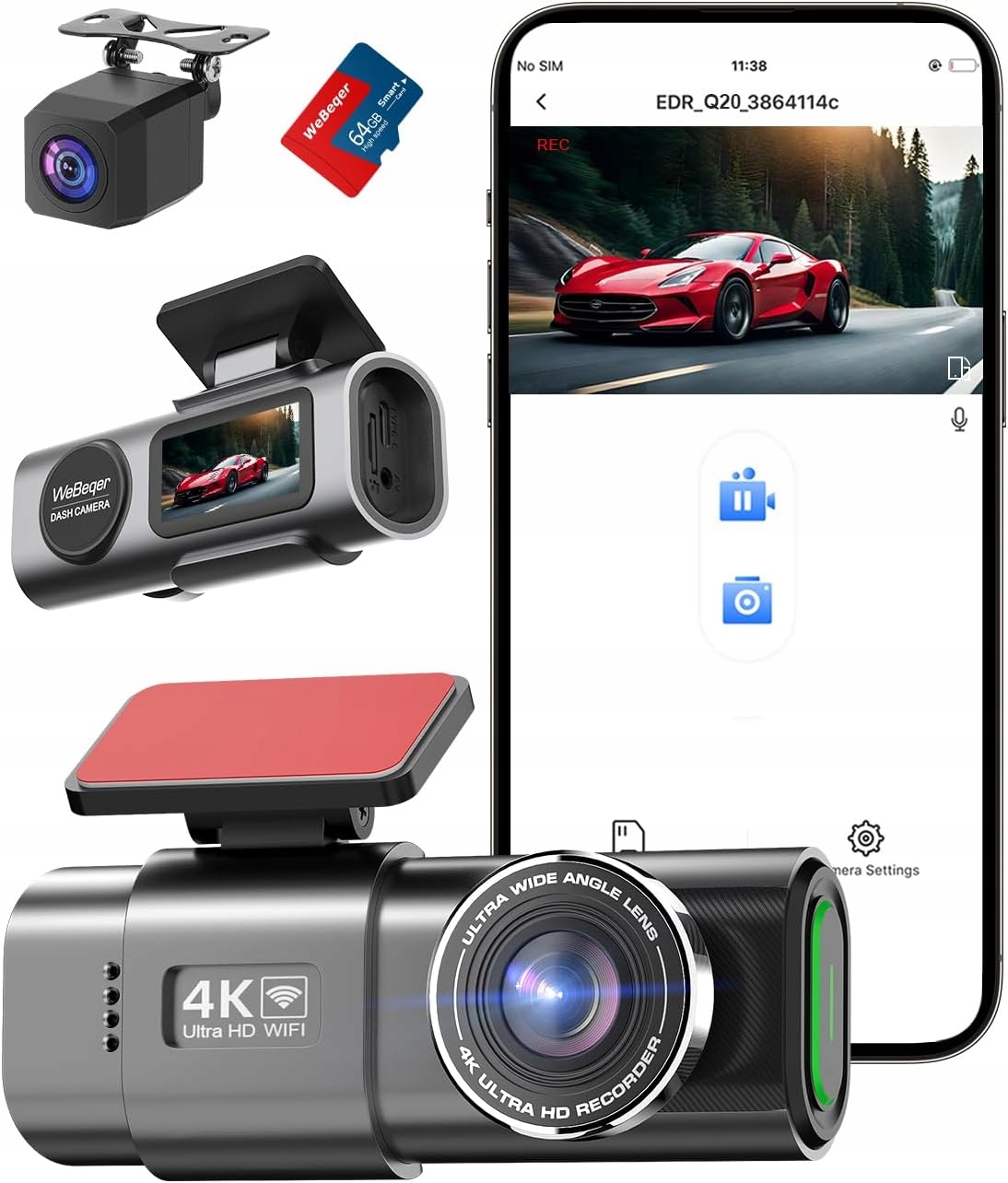 Autokamera Webqer 4K+1080P Videorekordér Wifi 64GB 170°+140°