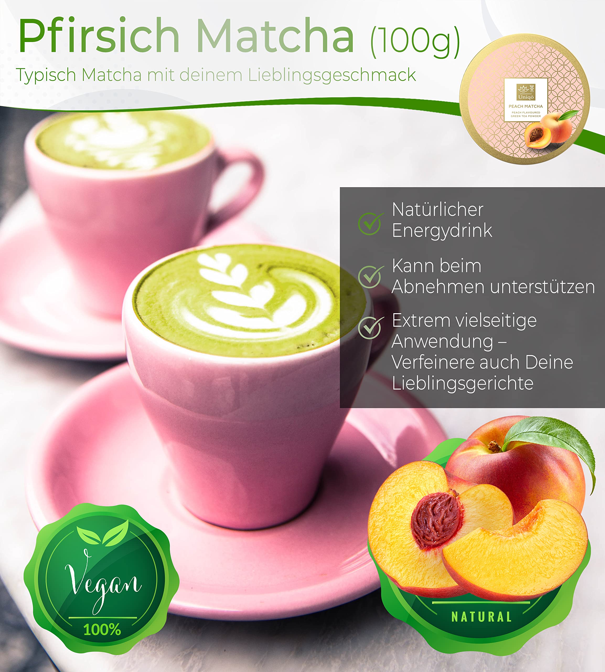TEA UNIQO Matcha Zielona Herbata O Smaku Brzoskwini Do Napojów I Deserów — miniatura 2