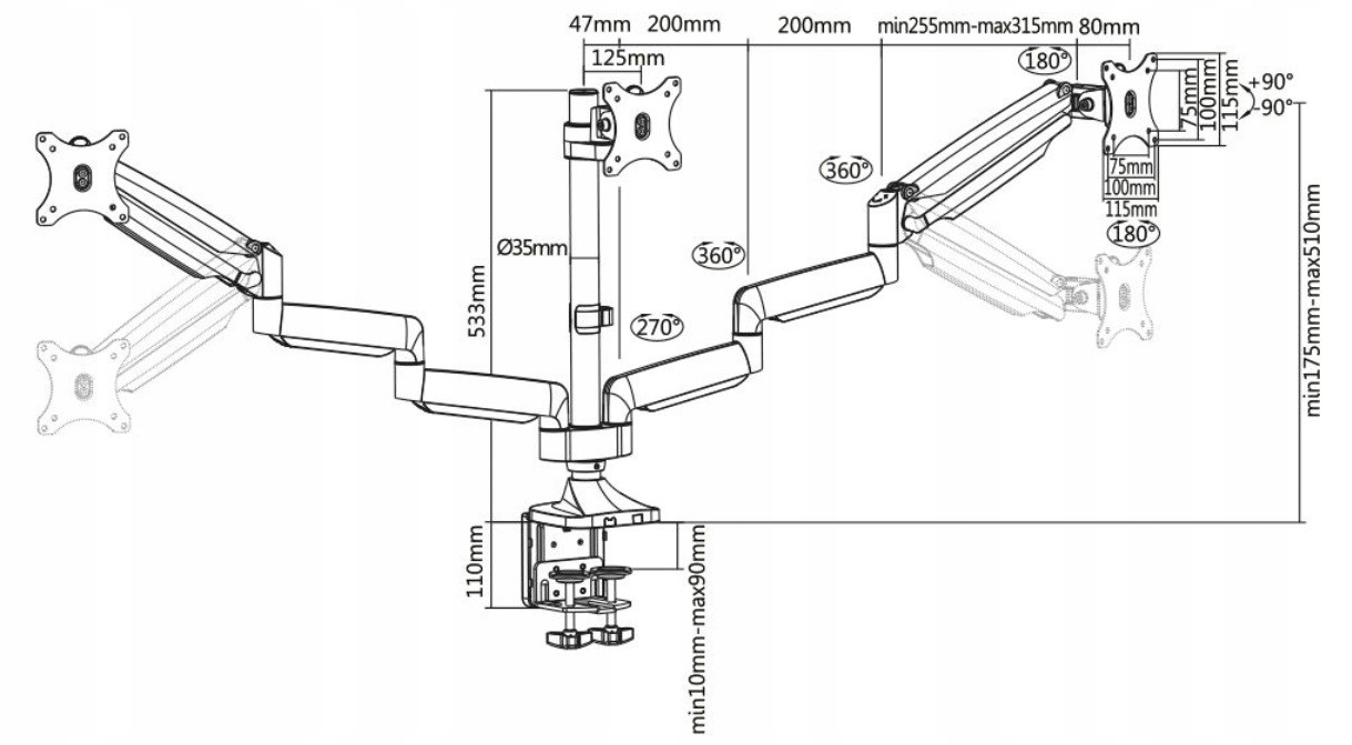 VALUE Biurkowy uchwyt na 3 monitory LCD Kod producenta 17.99.1160