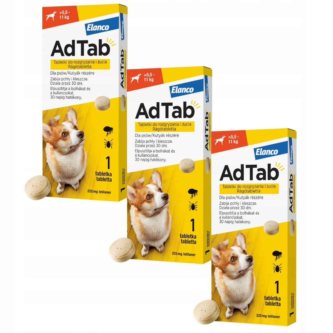 AdTab 225 mg tabletki do rozgryzania i żucia dla psów (5,5–11 kg) 3 sztuki