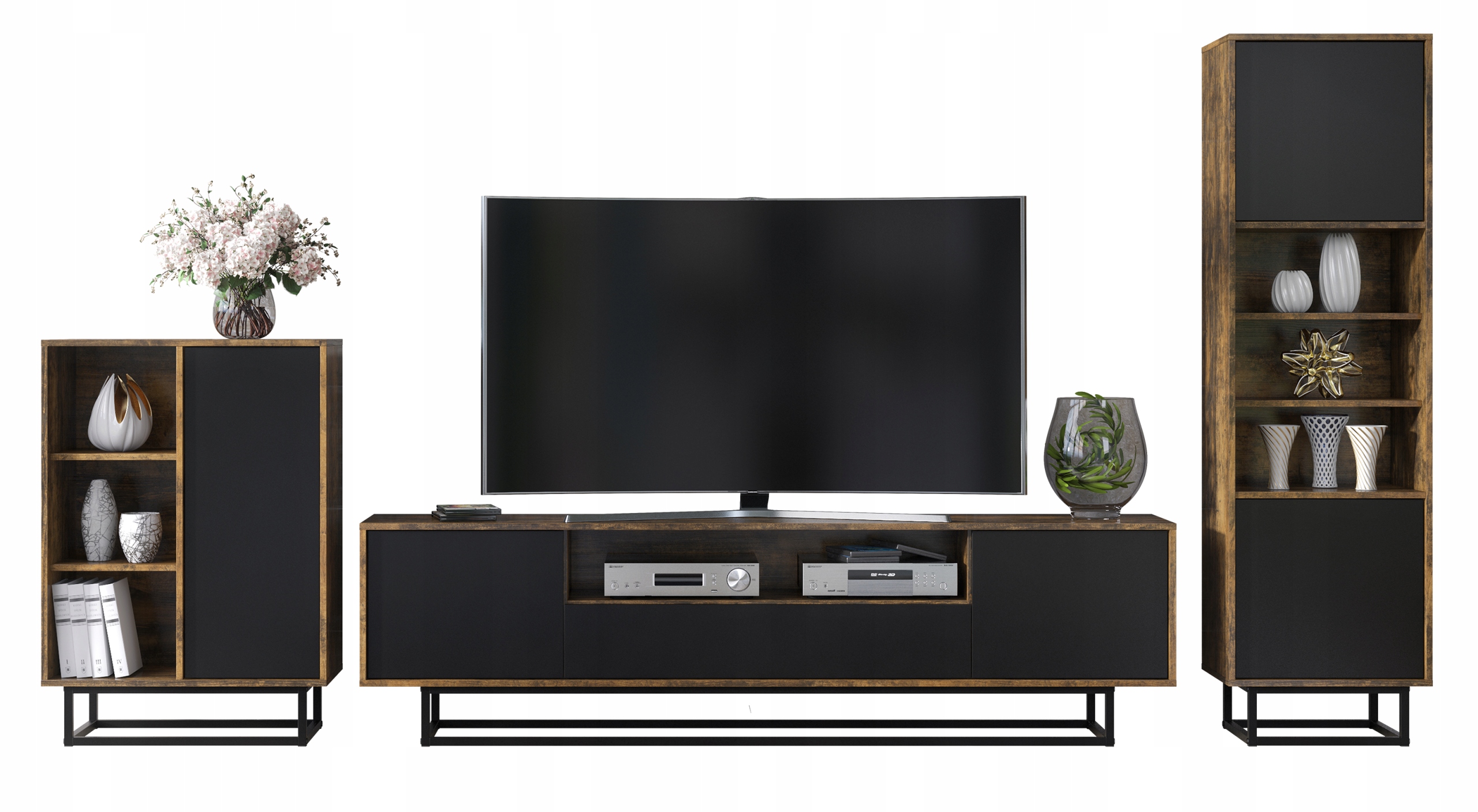 Zestaw Do Salonu Szafka Rtv Tv 200 CM Witryna Komoda Loft Inudstrial/czarny