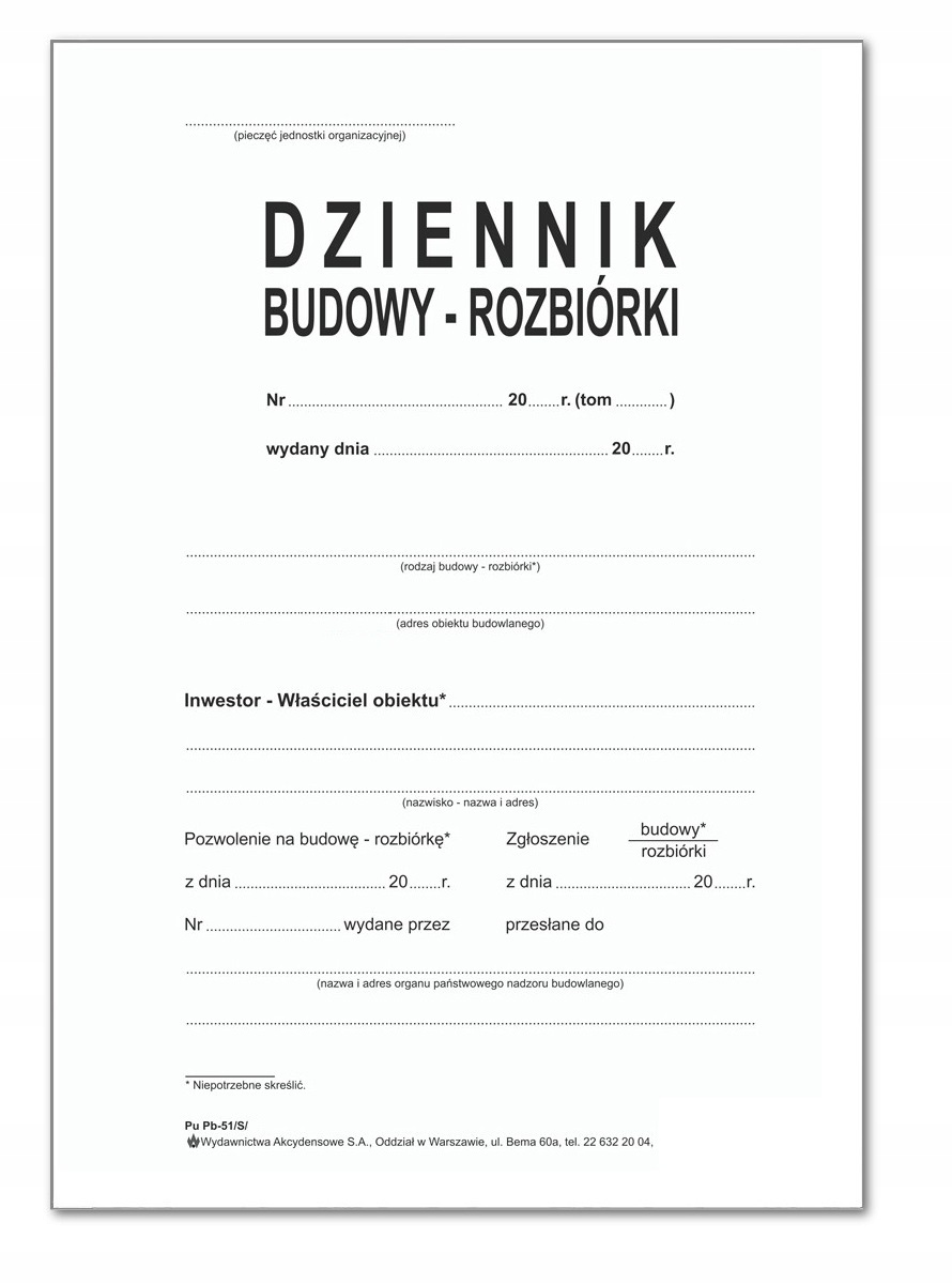 

Dziennik Budowy-rozbiórki A4 32 kartki samokopia