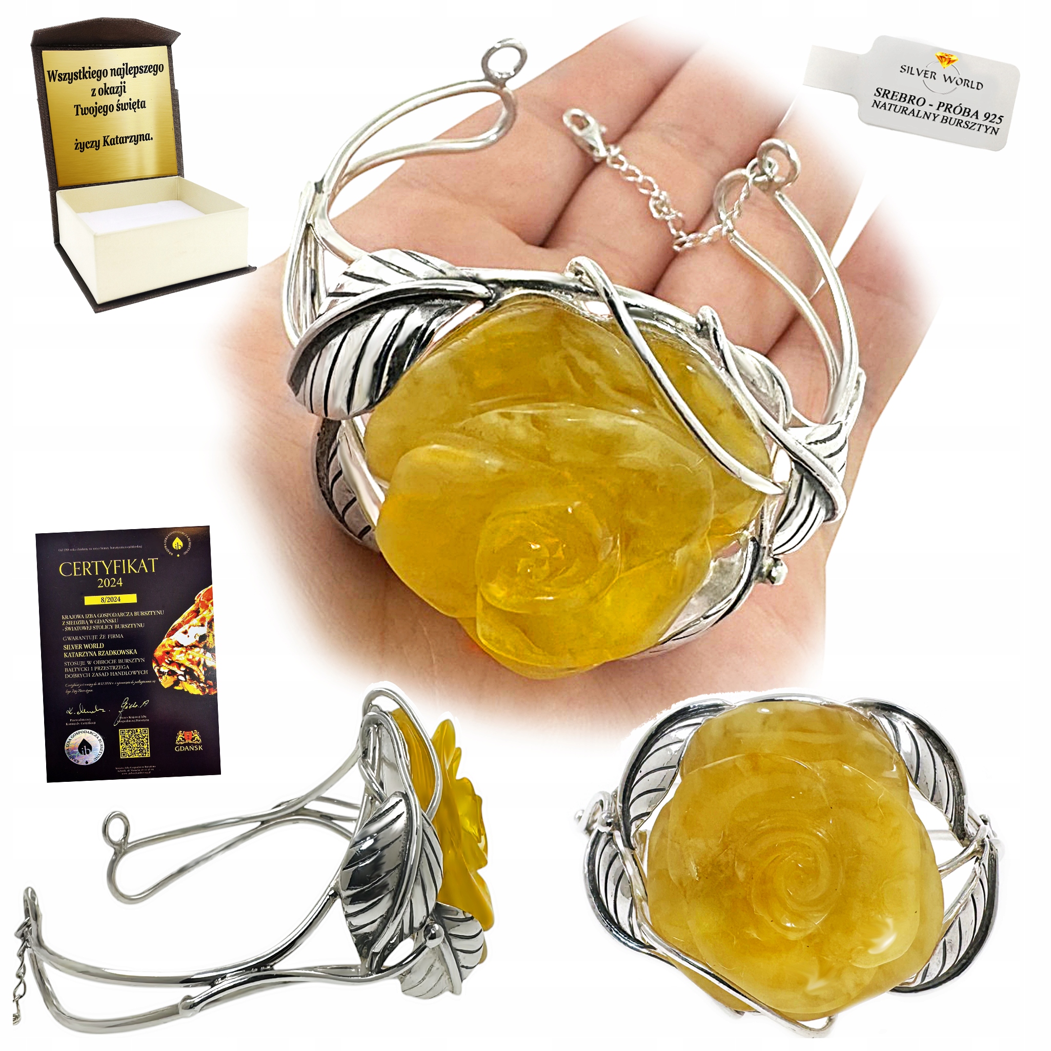 Stříbrný Náramek S Jantarem Mléčná Růže Umělecká Vazba Gravírování