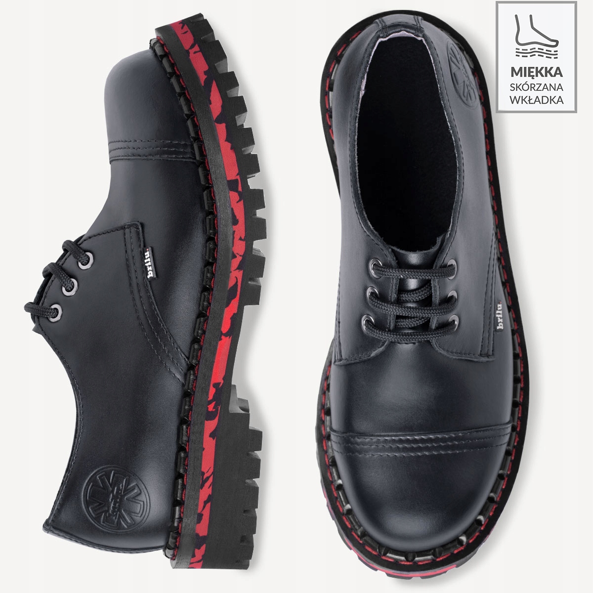 GLANY BRILU STEEL-NOSE 3-oczka NISKIE SKÓRA 36-46 Rozmiar 42