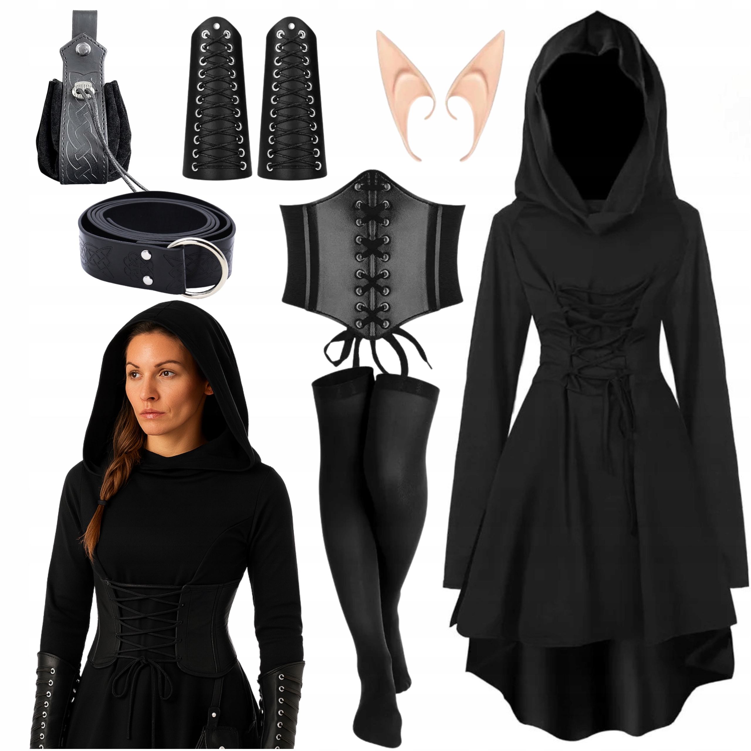 Kostým Gotki Gotická Dáma Černá Šaty Elf Halloween Karneval Sada 7 Ks