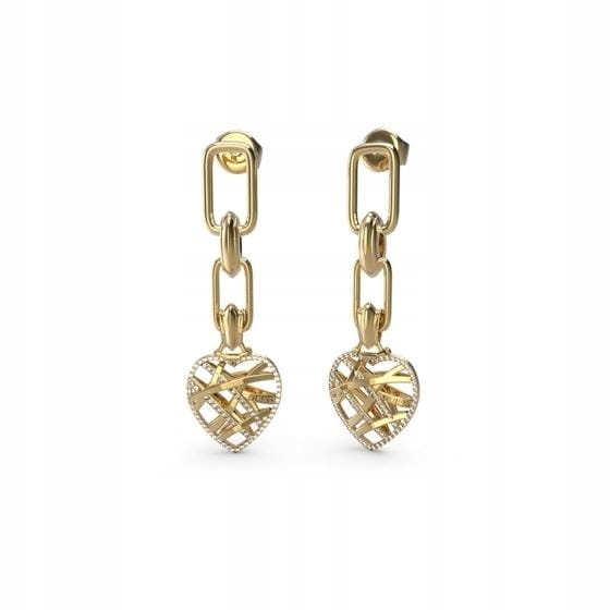 Náušnice Guess Heart Cage Závěsné prolamované srdce Zirkony Ocel zlatá tyčinka