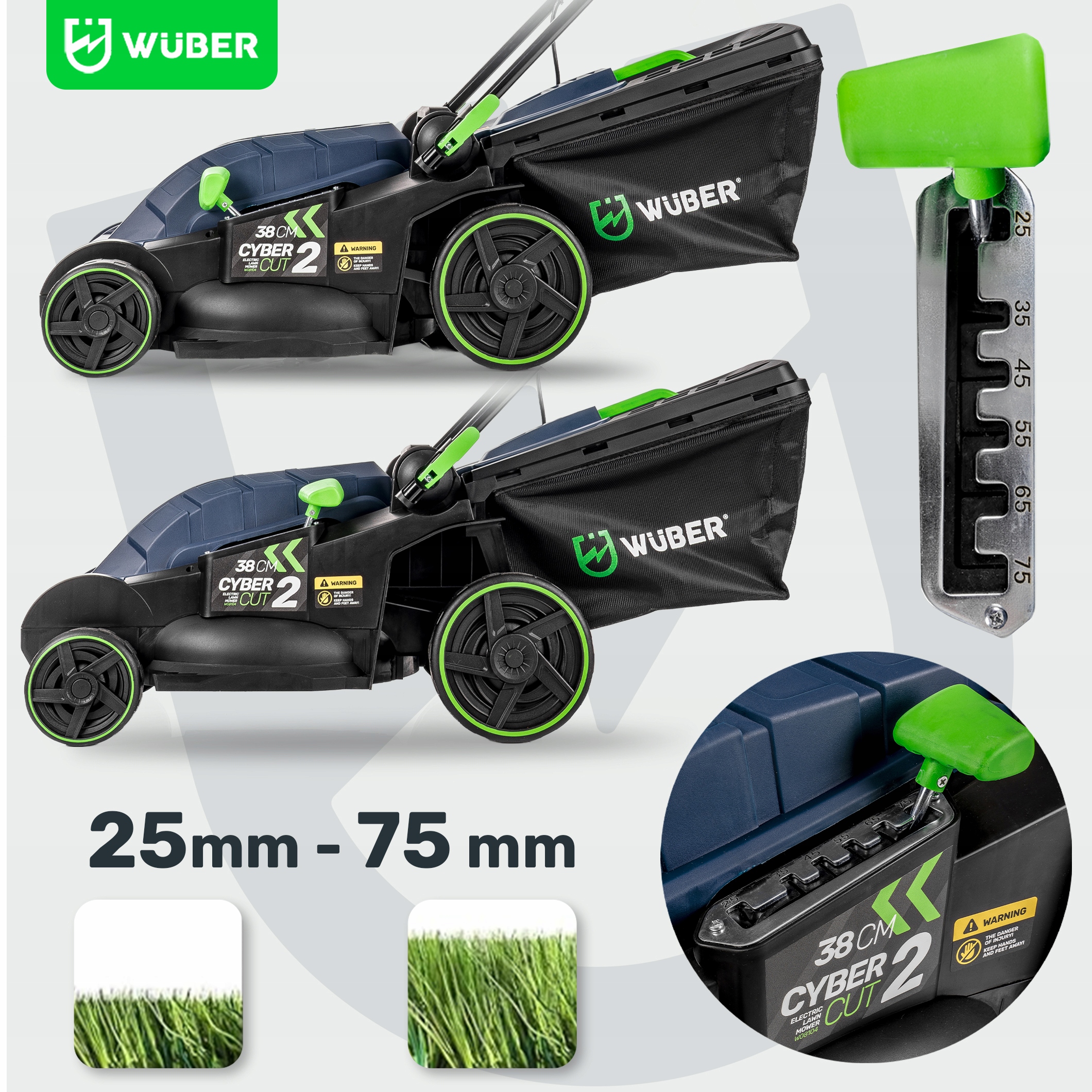 KOSIARKA ELEKTRYCZNA LEKKA MOCNA DO TRAWY Z REGULACJĄ DUŻY KOSZ WUBER Zakres regulacji wysokości koszenia 25-75 cm