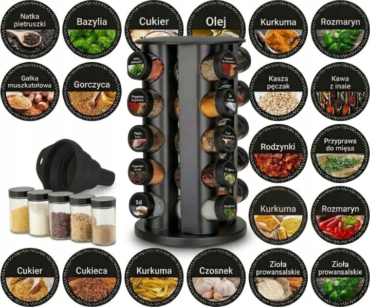 Obrotowy Stojak Na Przyprawy 21 Elementów 120 Naklejek Czarny