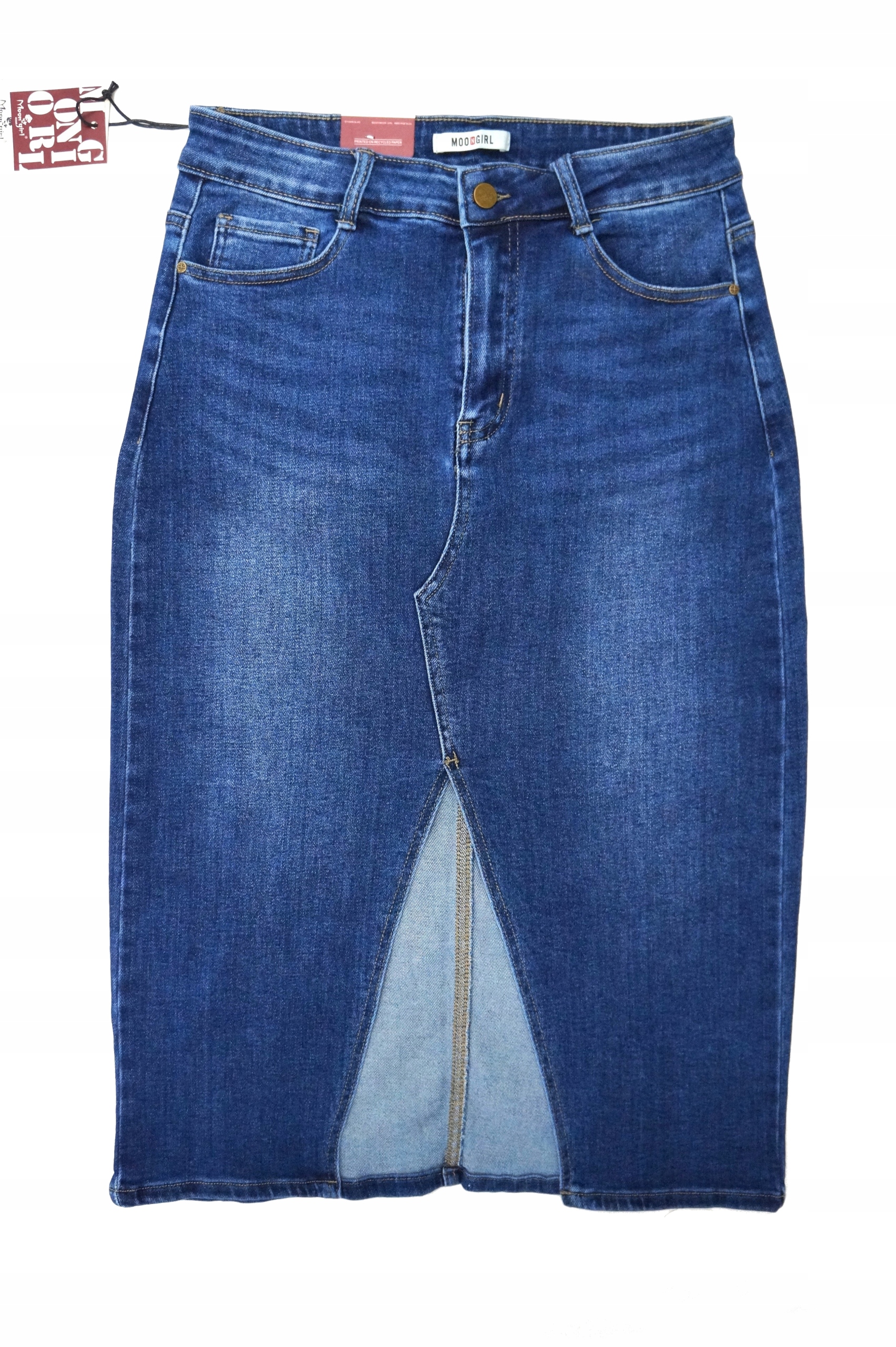 SPÓDNICA JEANSOWA WYSZCZUPLAJĄCA ELASTYCZNA MODNA WYGODNA LOGOWANA MIDI Rozmiar 42