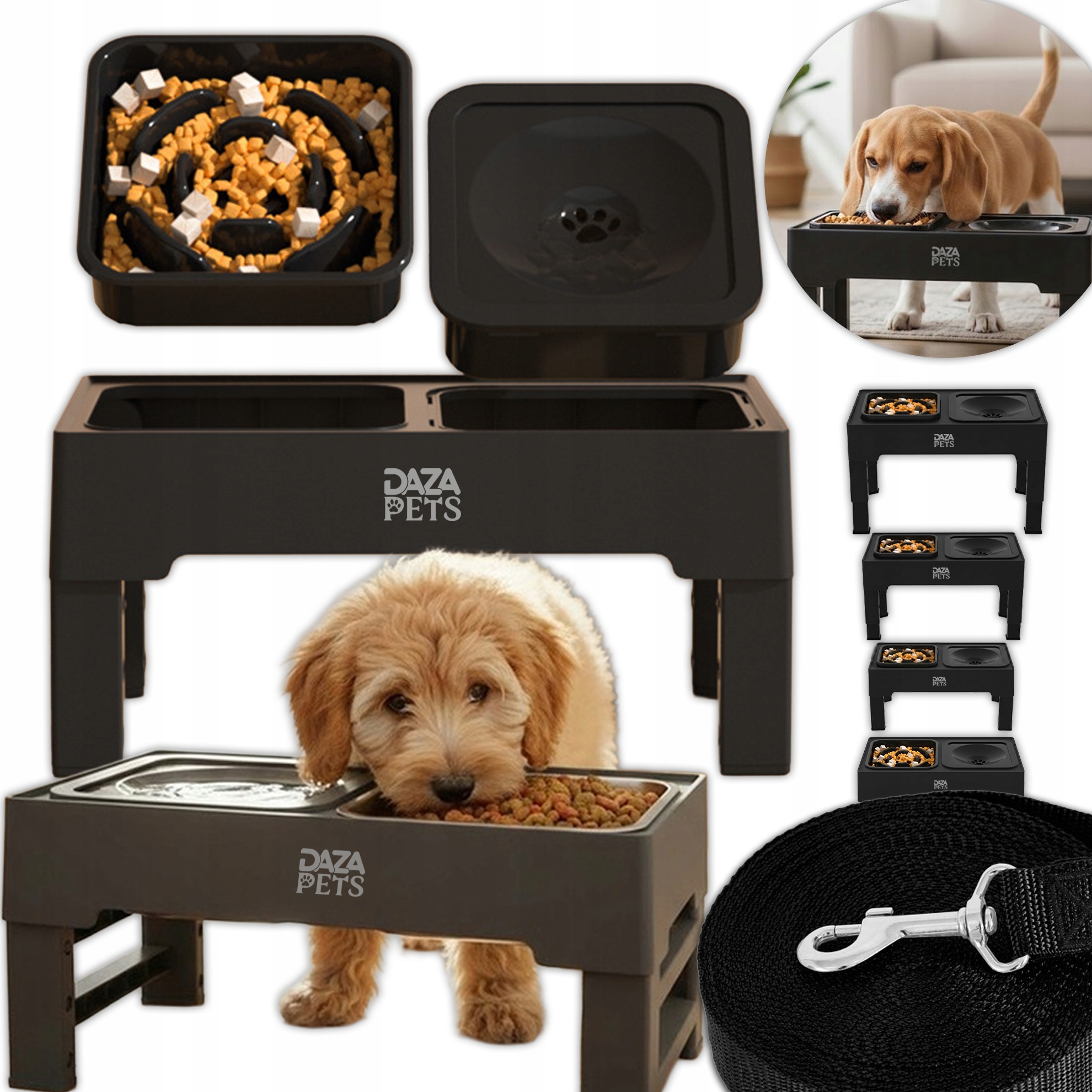 Levně Zpomalovací Miska Pro Zvířata Dvojitá Regulace Velká Miska Vodítko 10 m