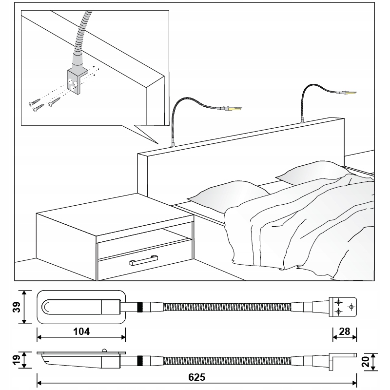 2x Lampa nocna LED do łóżka sypialni ETA WH + zas. Kolor biały