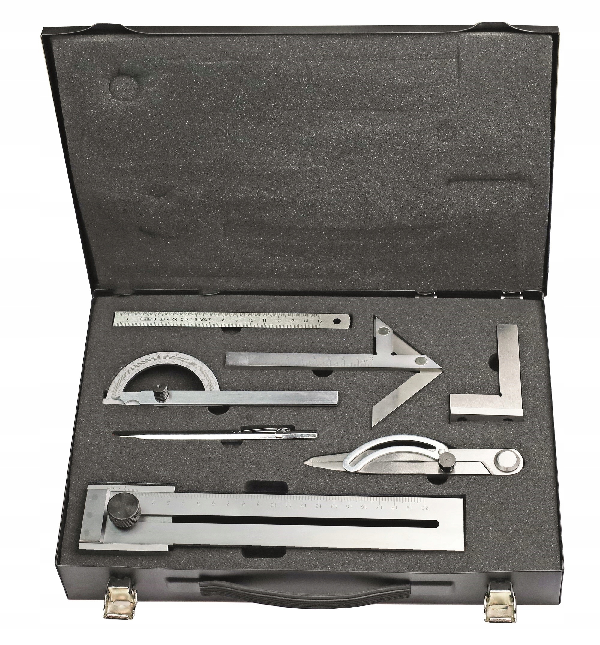 KĄTOWNIK CENTRUJĄCY + KĄTOMIERZ x2 + LINIJKA + PRZEKŁADKA + RYSIK ZESTAW