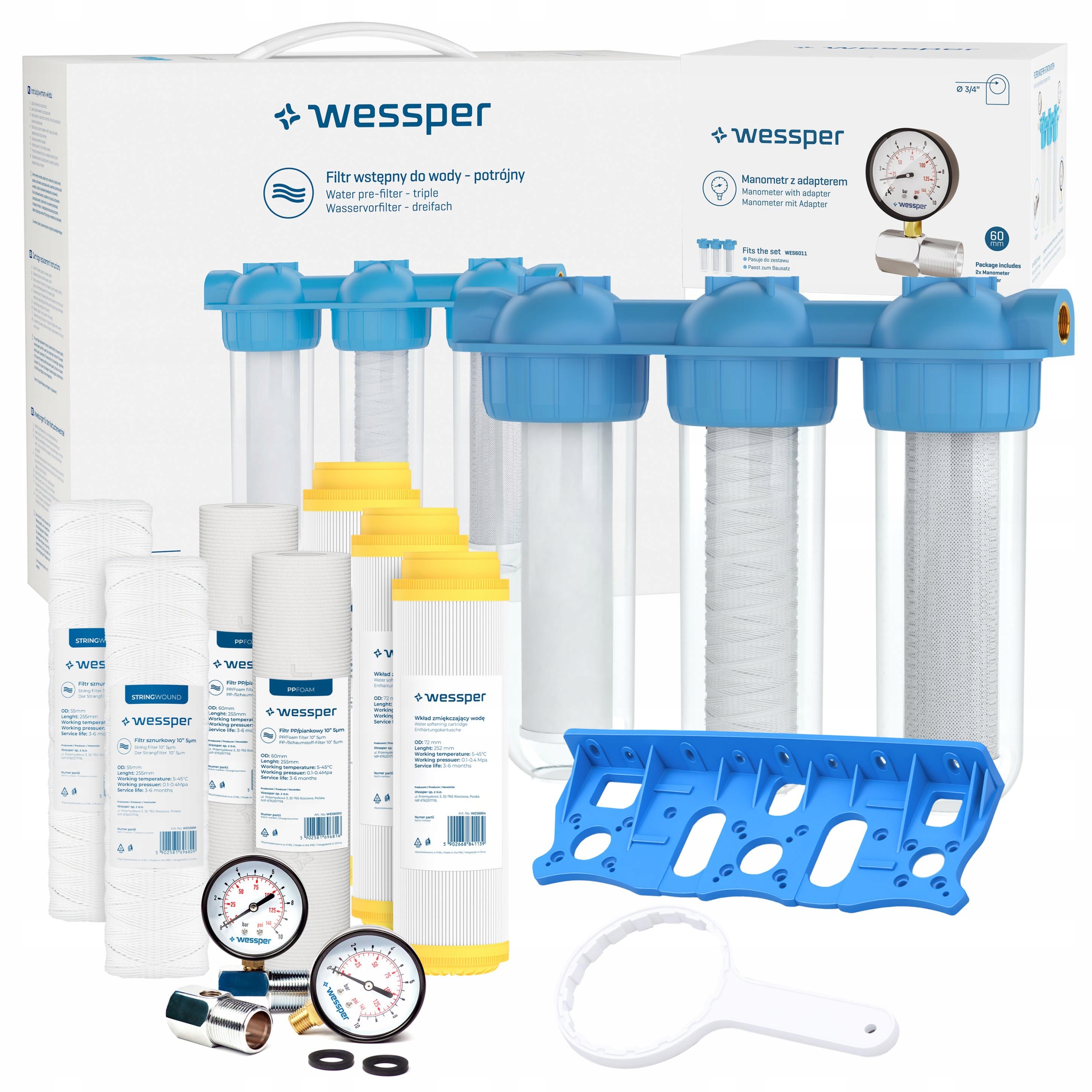 Wessper 3/4" 3-stupňový vodný filter na celý dom vložky tlakomer
