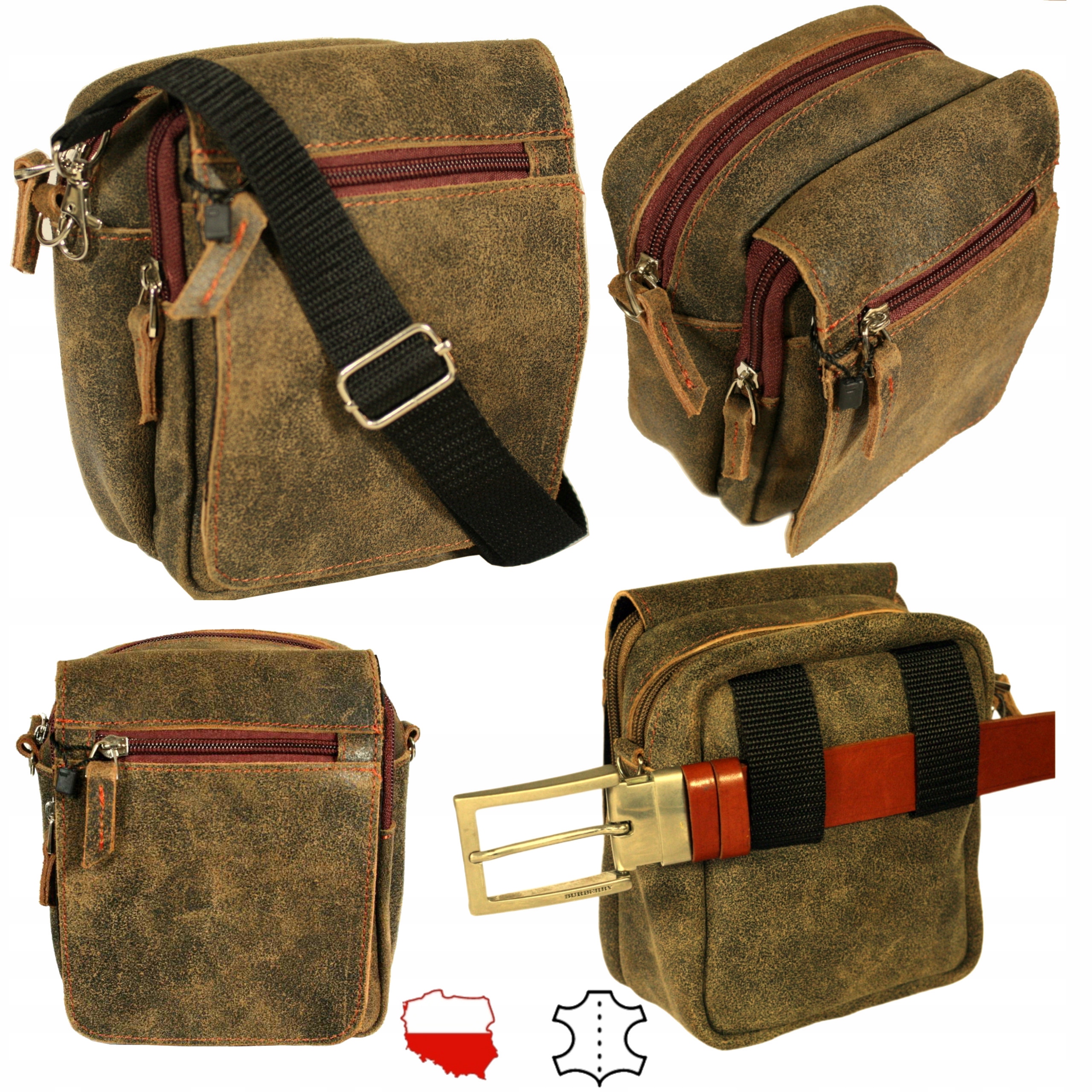 Pánská kožená taška na opasek, hnědá, polská výroba, velká velikost