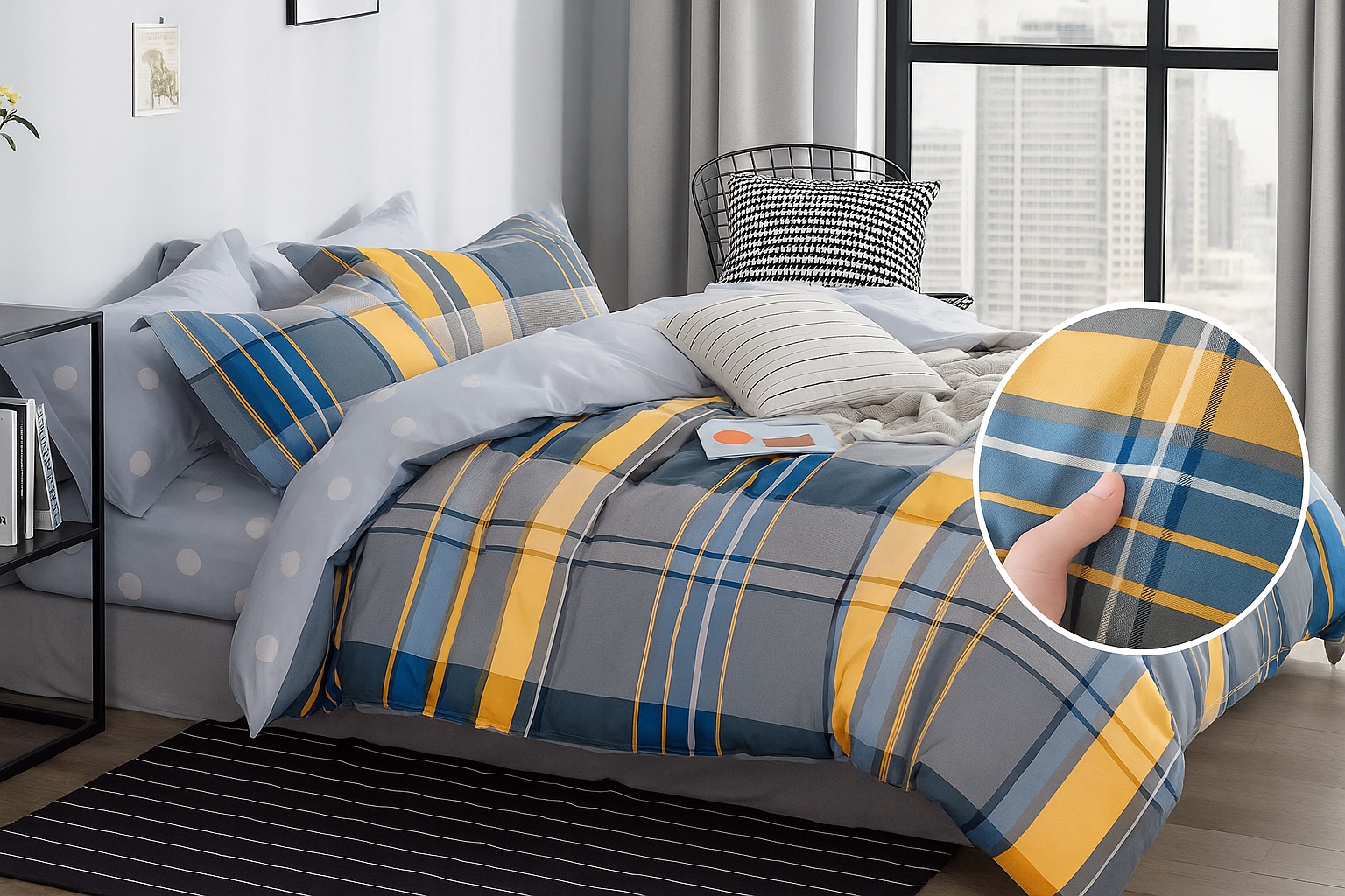 3dílná sada povlečení na peřinu z bavlny s modro-žlutým kostkovaným vzorem, 220×200 cm